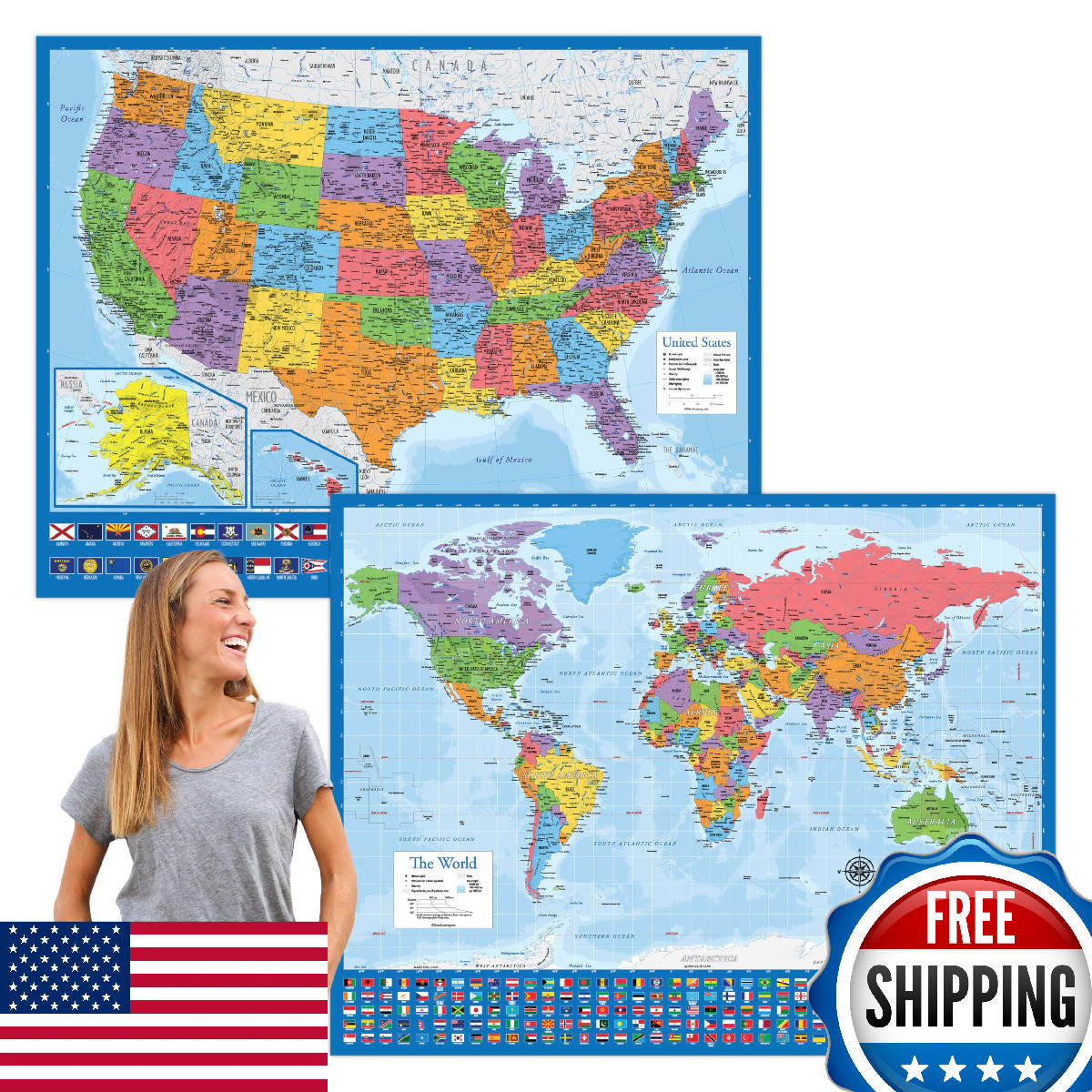 2 Pack - Giant World & US Map Poster Set - Laminated - 46" x 60" Blue