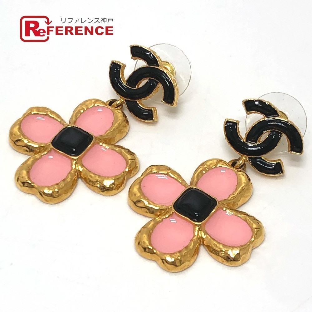 CHANEL Coco Mark Flower Jewelry Ear Accessories L23 Earrings Pink x Black Gold