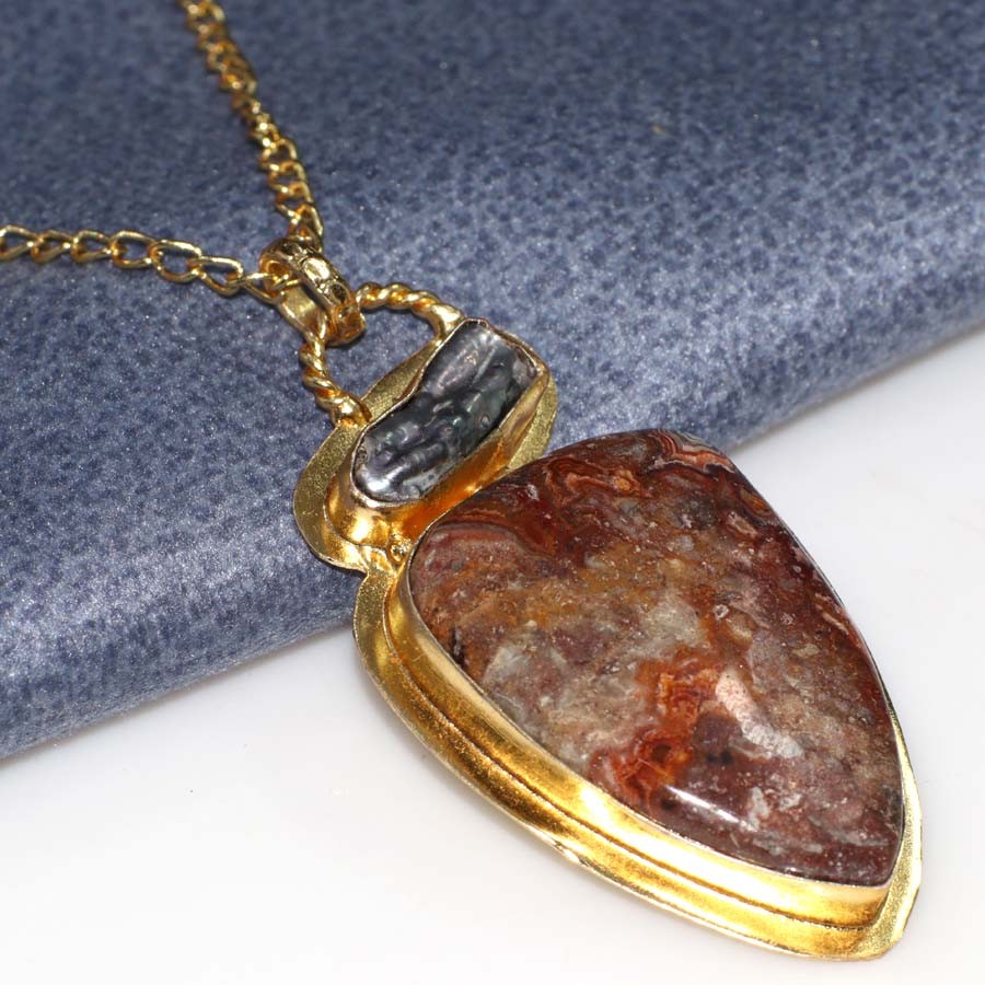 Long Mexican Laguna Lace Biwa Pearl Golden Plated Necklace 18" Gift Jewelry MJ