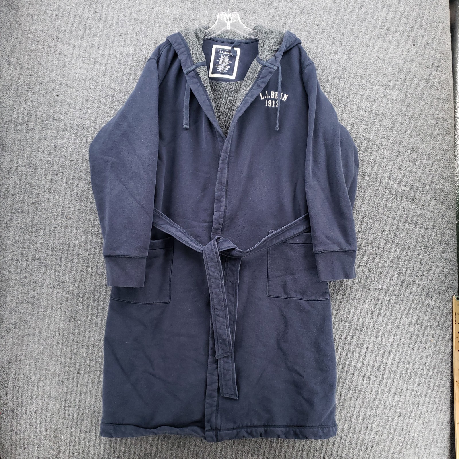 LL Bean Mariner Sweatshirt Robe Mens M Medium Blue Fleece Belted Lounge Hooded