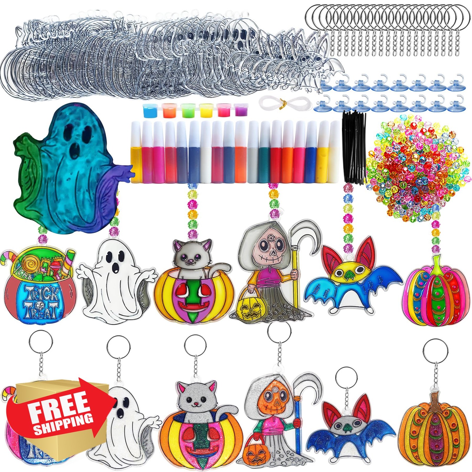 Ayhuhra 30pc Halloween Suncatcher Keychains, Paint Art DIY Crafts