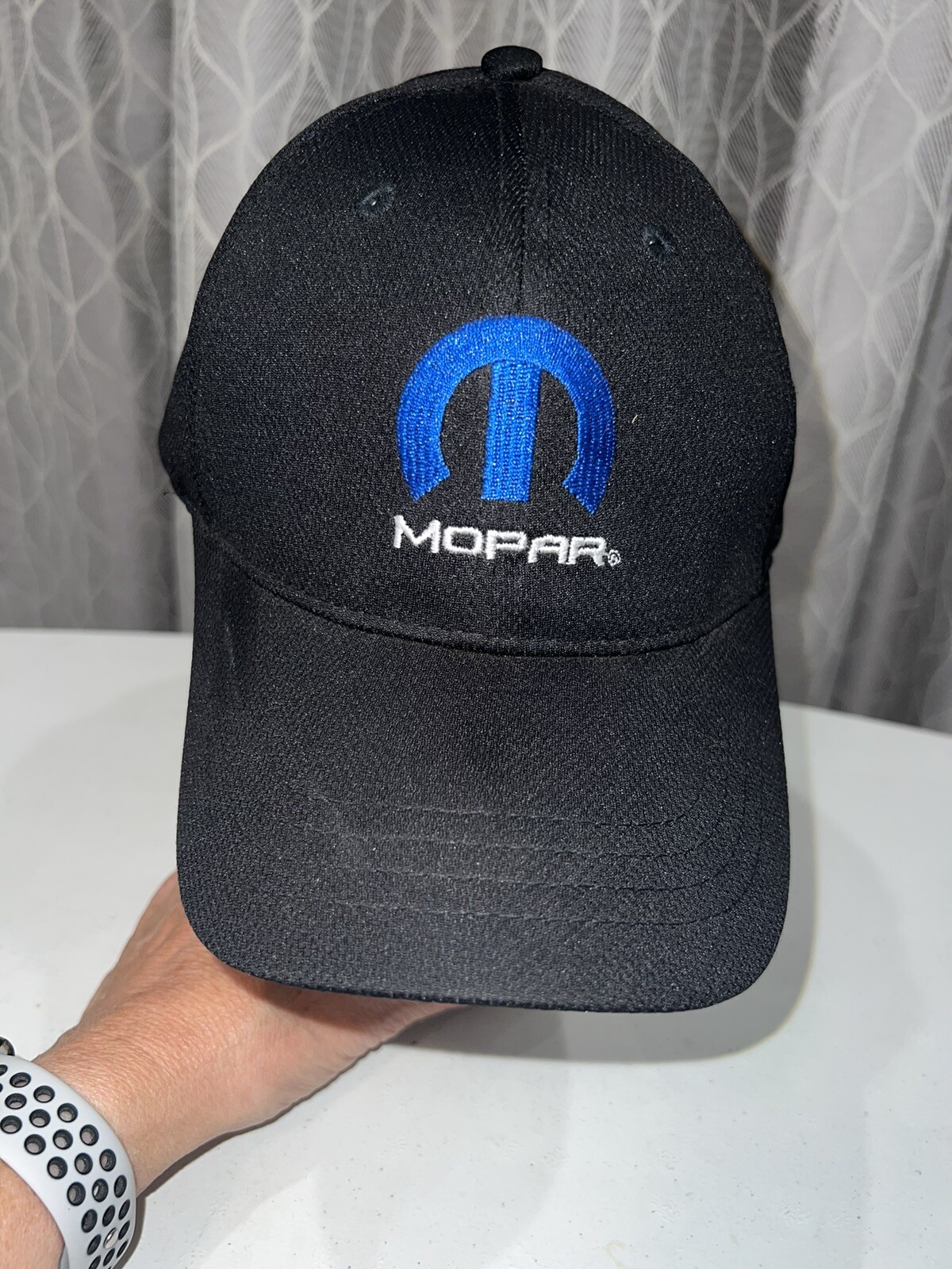 Molar and Bright Blue Logo on Black Hat Cap Hook Loop Lightweight material EUC