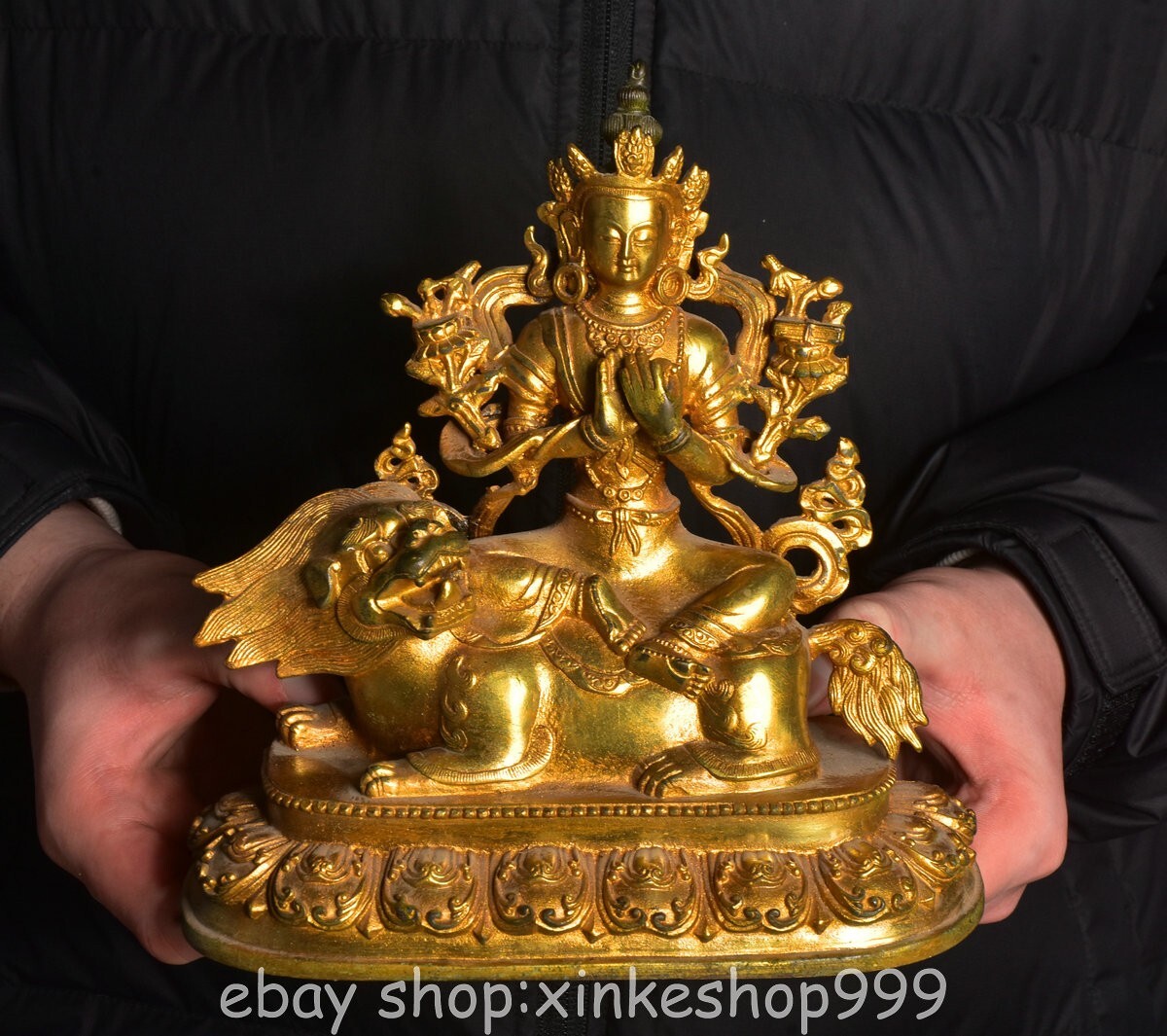 8.6" Old Chinese Copper Gilt Buddhism Riding lion Tara Guan Yin Goddess Statue