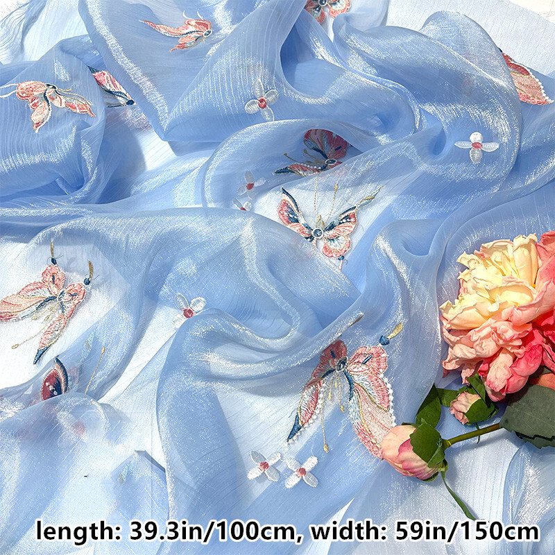 Vintage Sheer Mesh Fabric Embroidered Butterfly for Cheongsam Costume Hanfu DIY