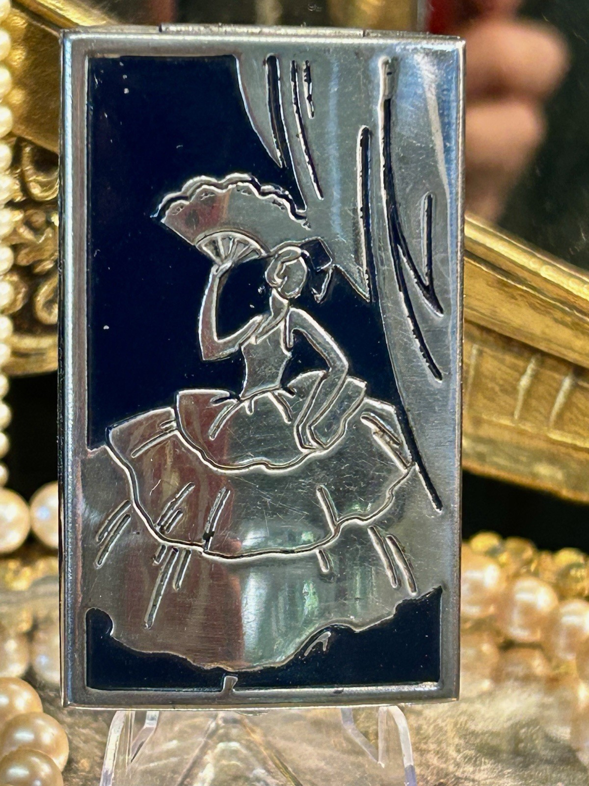 Vtg Art Deco Flapper Dancer Lady w Fan Powder Compact w Rouge Makeup Case 1930s