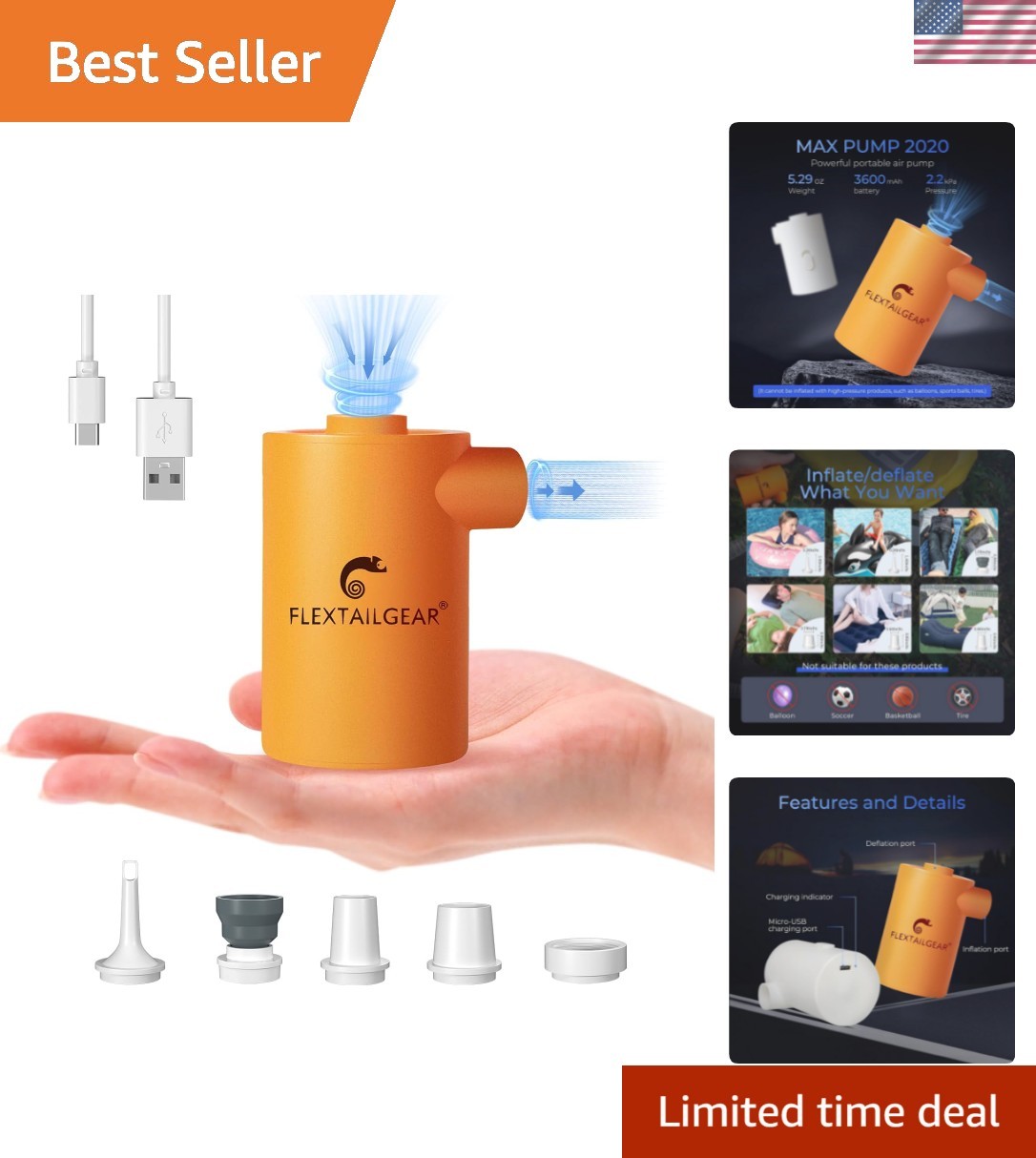 MAX Pump Portable Air Pump with 3600mAH Battery USB Rechargeable Air Pump-Qui...