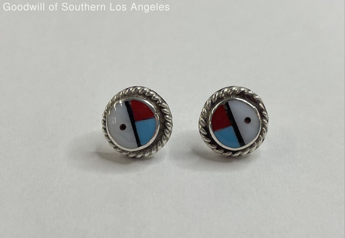 Zuni Sterling Silver Sun Face Stud Earrings - 3g