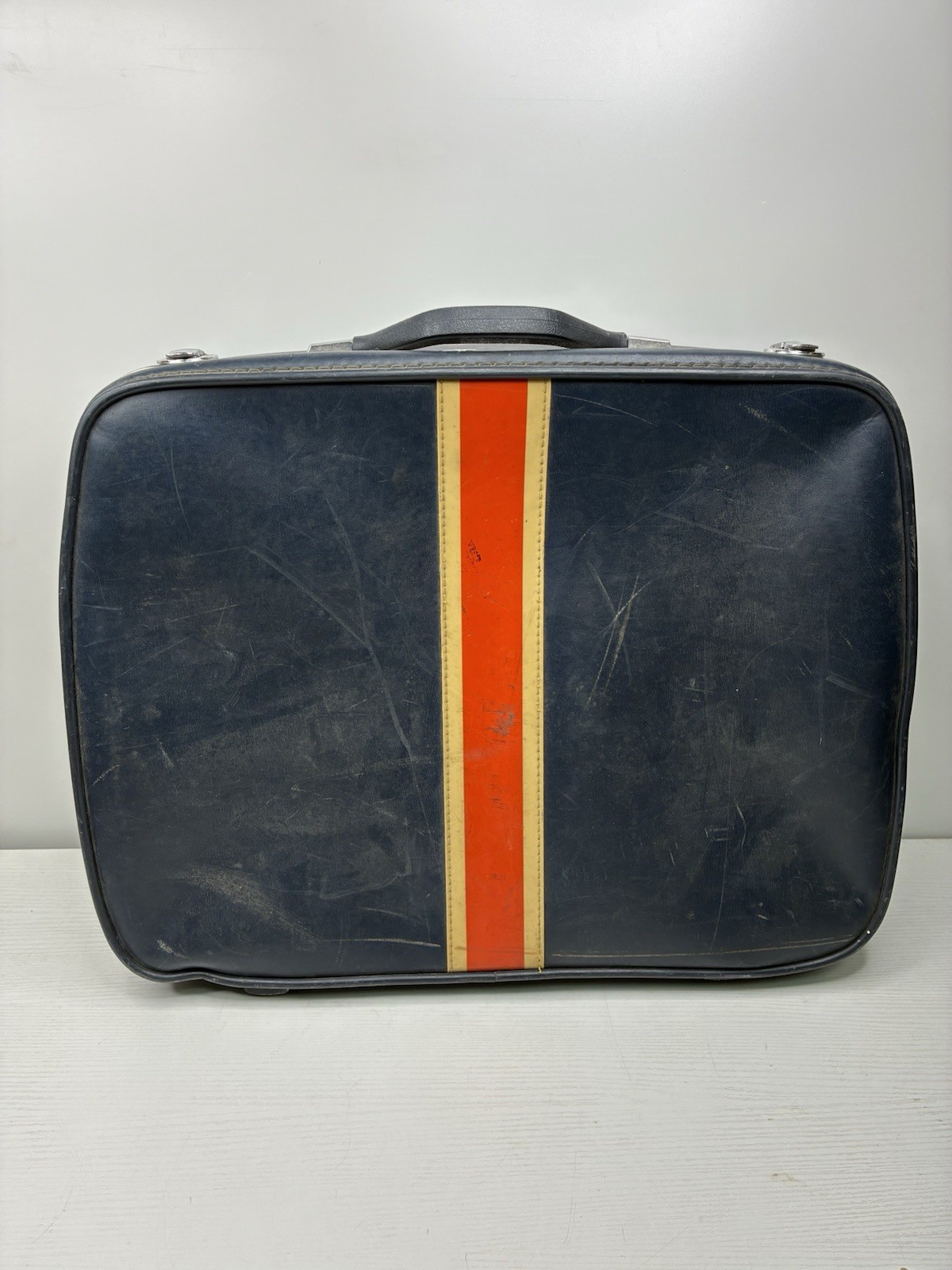 Vintage 1950s Towncraft Hard Case Shell Striped Luggage Blue Leather 24x18x7