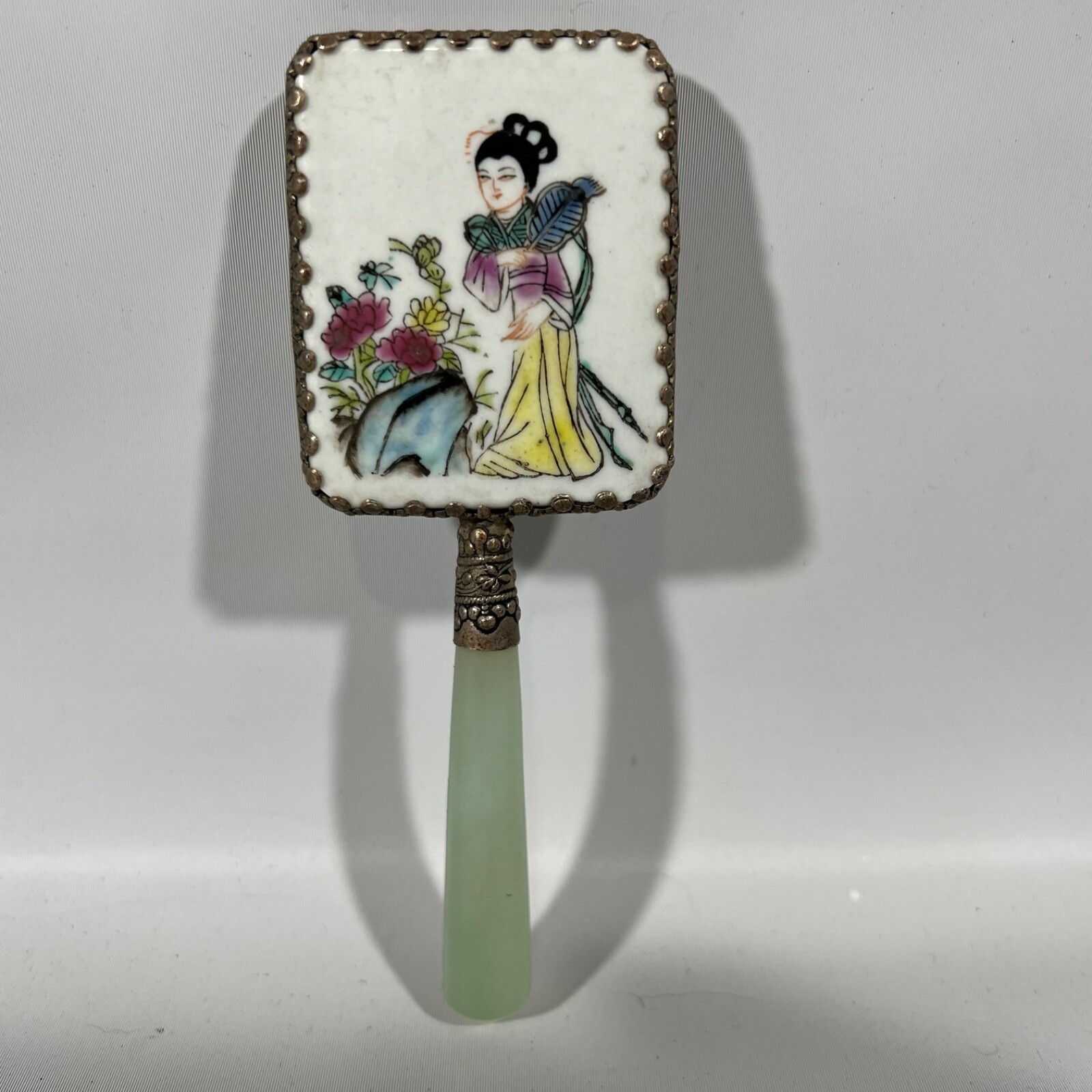 Vtg Antique Asian Jade Handle Hand Painted Geisha Porcelain Vanity Mirror n