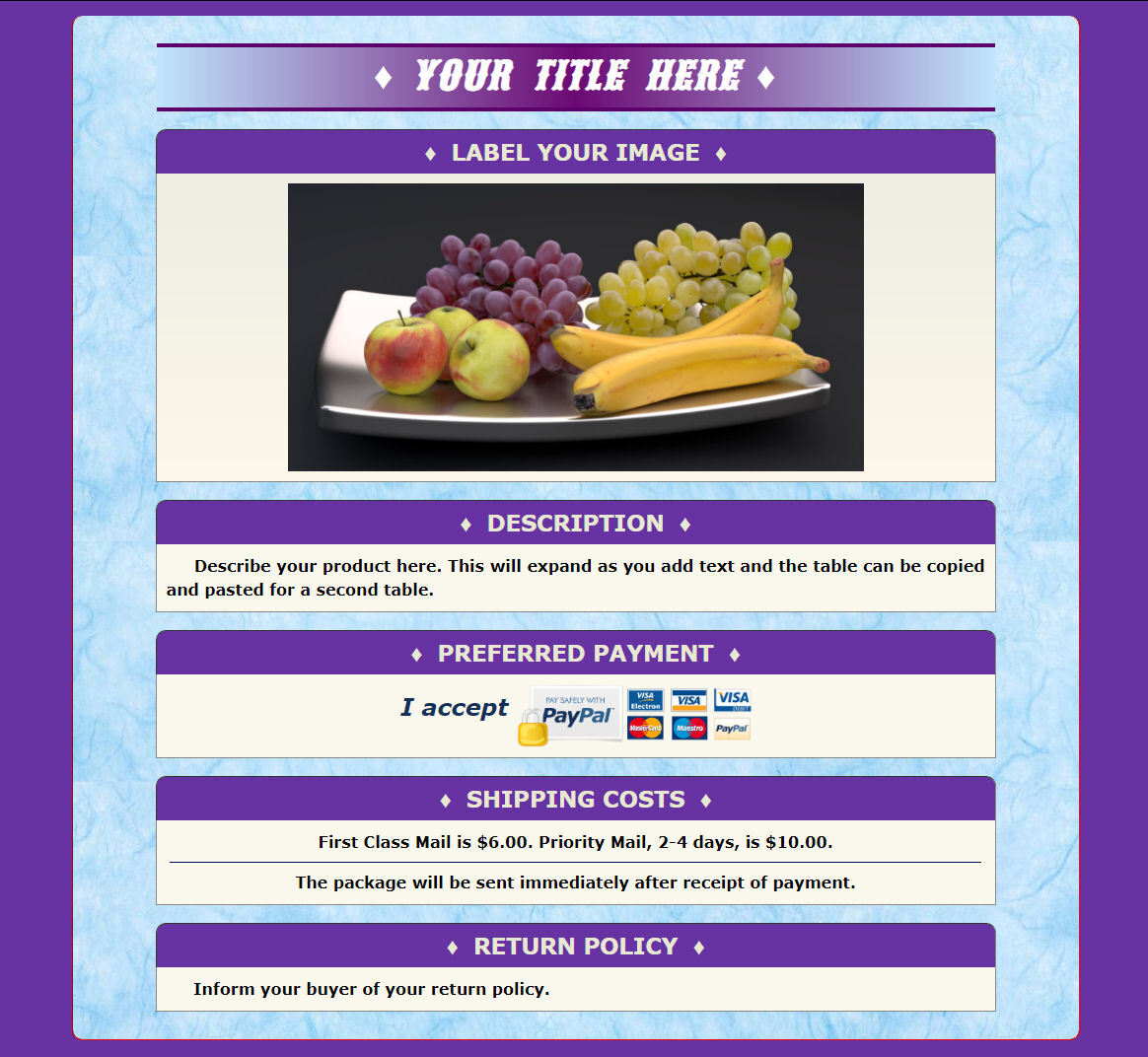 AUCTION TEMPLATE Purple Blue Color Design, 3 Choices - FREE Email Shipping
