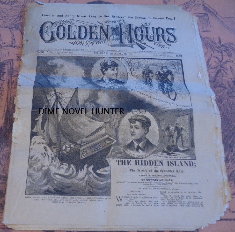 GOLDEN HOURS HIDDEN ISLAND CORNELIUS SHEA 1898 DIME NOVEL STORY PAPER