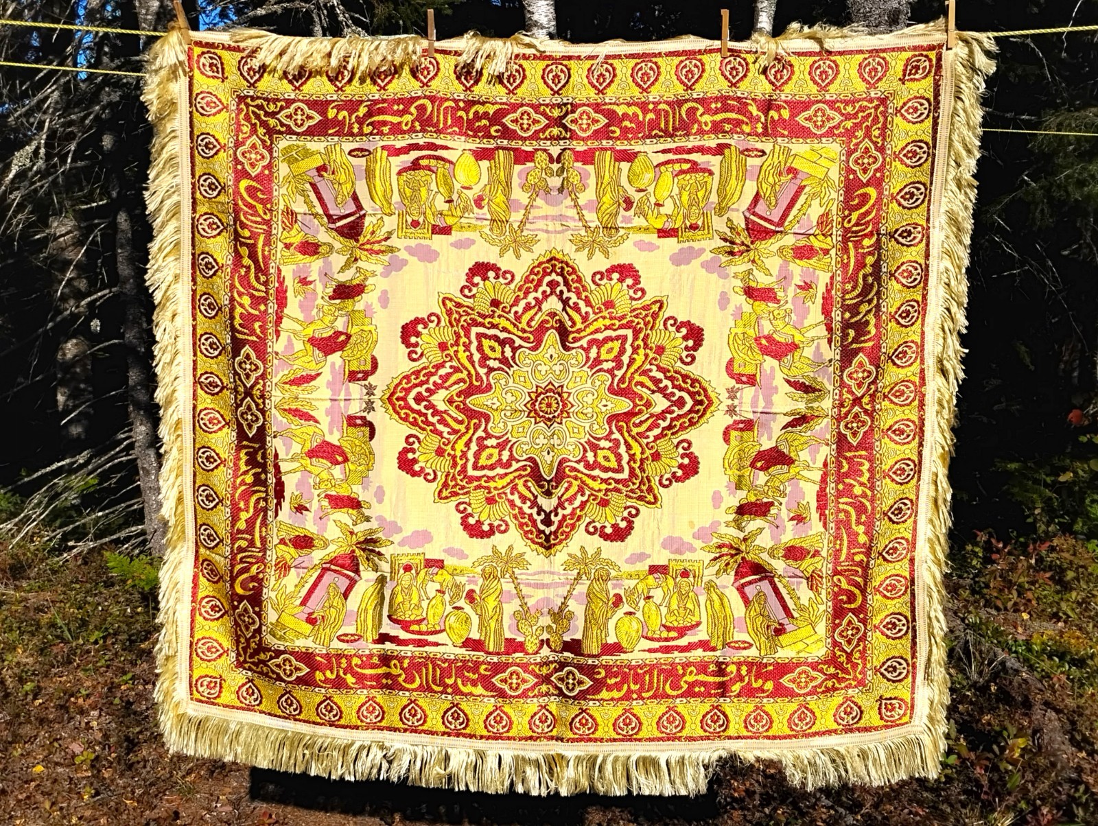 Mid-Century Oriental Tapestry with Horsemen & Arabic Calligraphy Large 54" x 50”