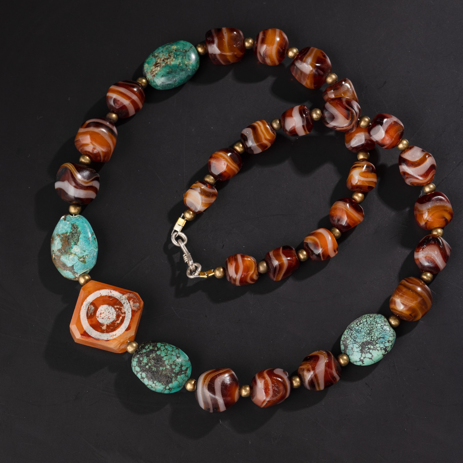 Antique Glass & Turquoise Bead Necklace with Etched Carnelian Centerpiece