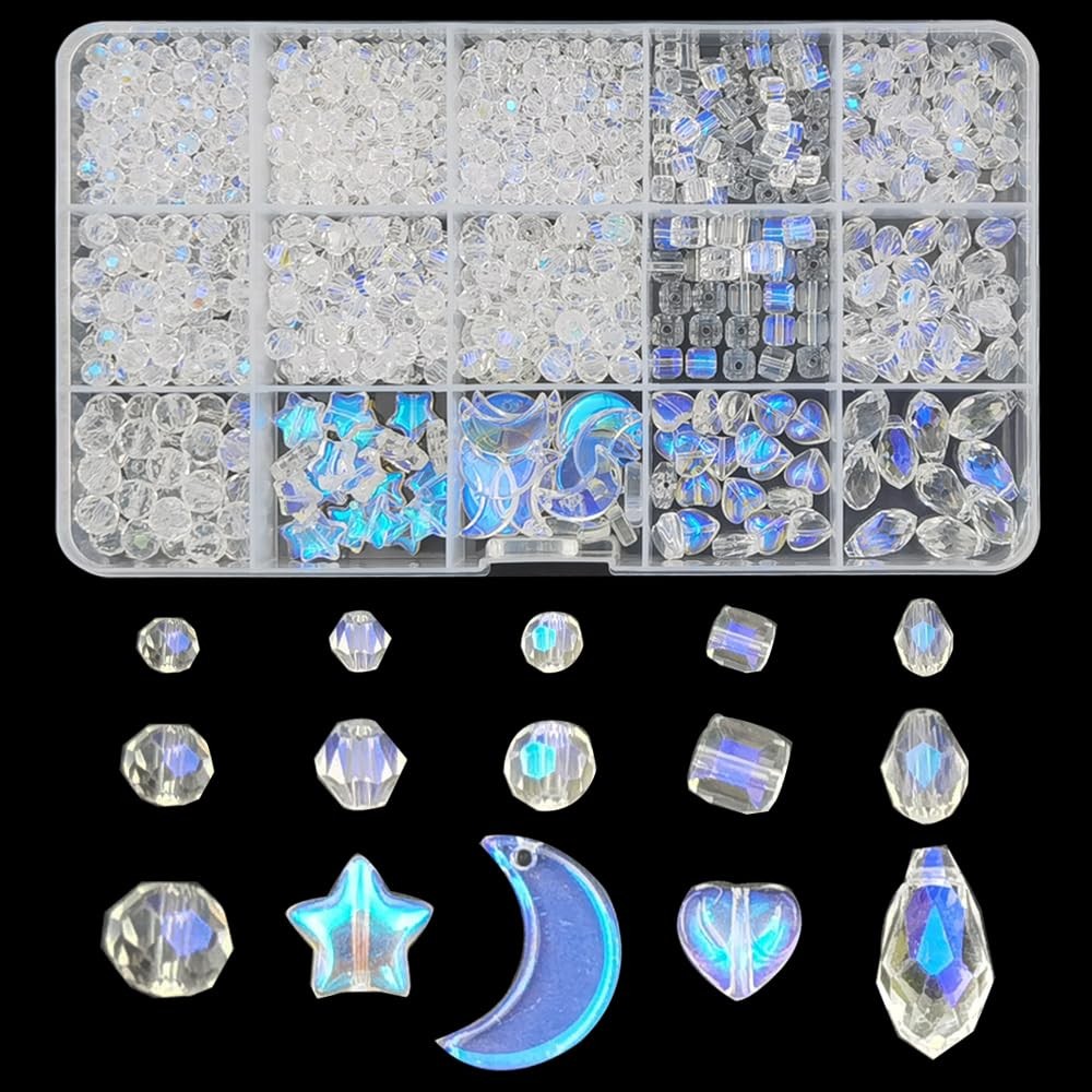 INSPIRELLE 1000 Pieces Crystal Glass Beads AB Assorted Sizes, Transparent 