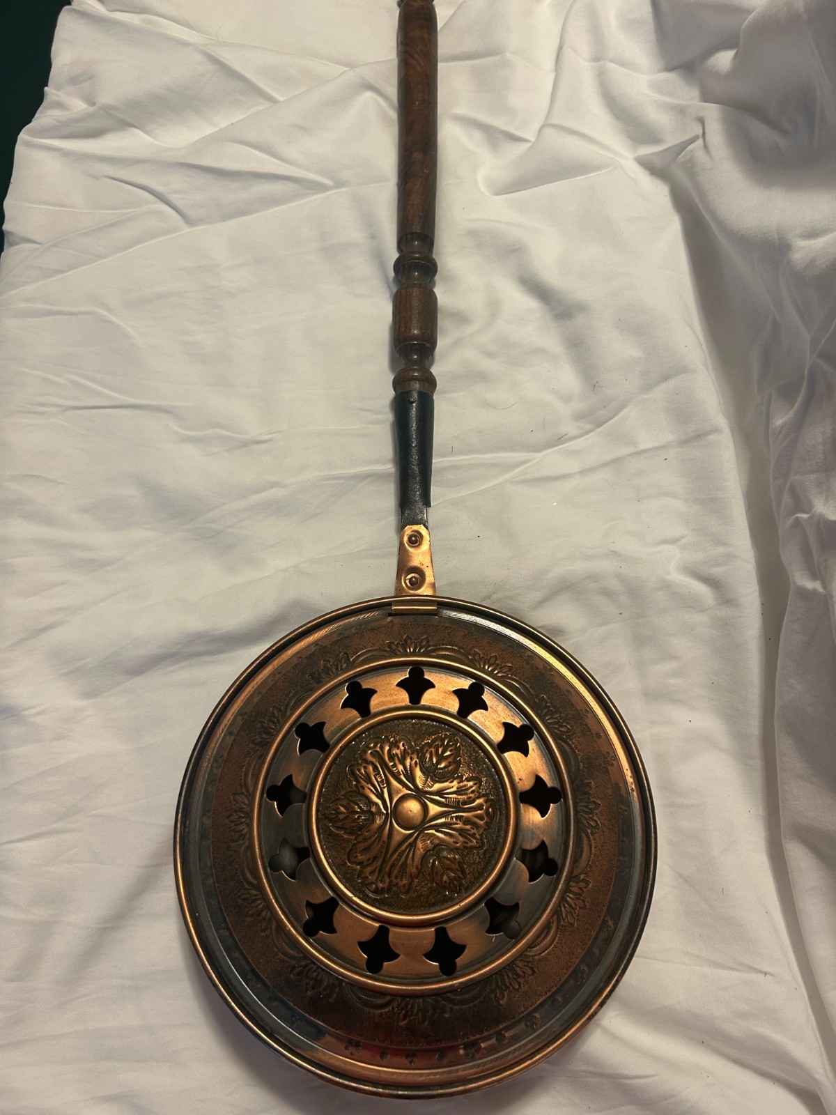 Vintage copper bed warmer with wood handle