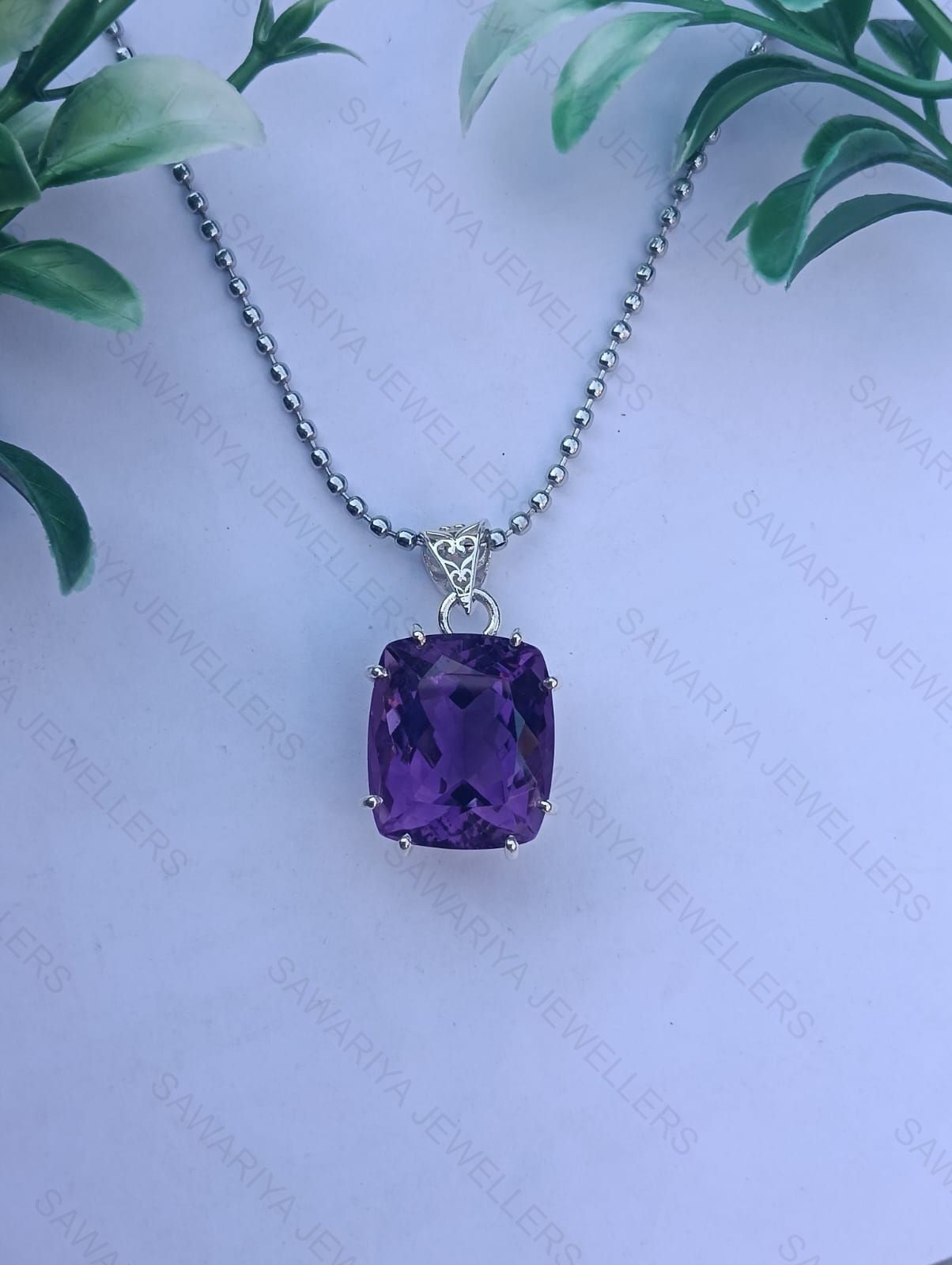 Natural Cushion Cut Amethyst Silver Women Pendant , February Birthstone Pendant