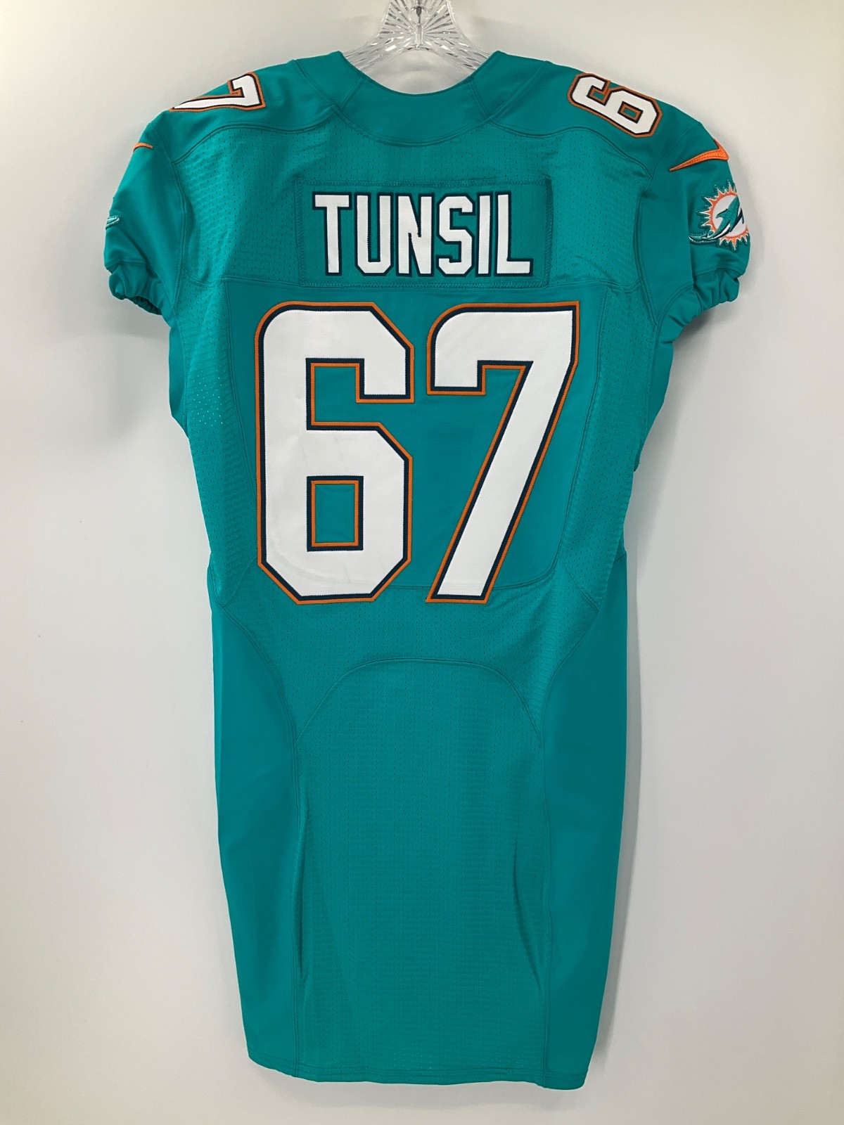 #67 LAREMY TUNSIL MIAMI DOLPHINS NIKE GAME USED AQUA JERSEY SZ-44 YR-2015
