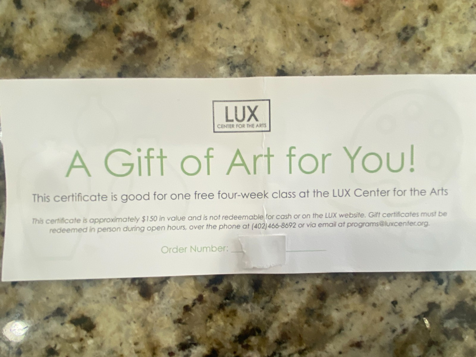 $150 gift certificate LUX Center for the Arts 4 week class in Lincoln Nebraska 