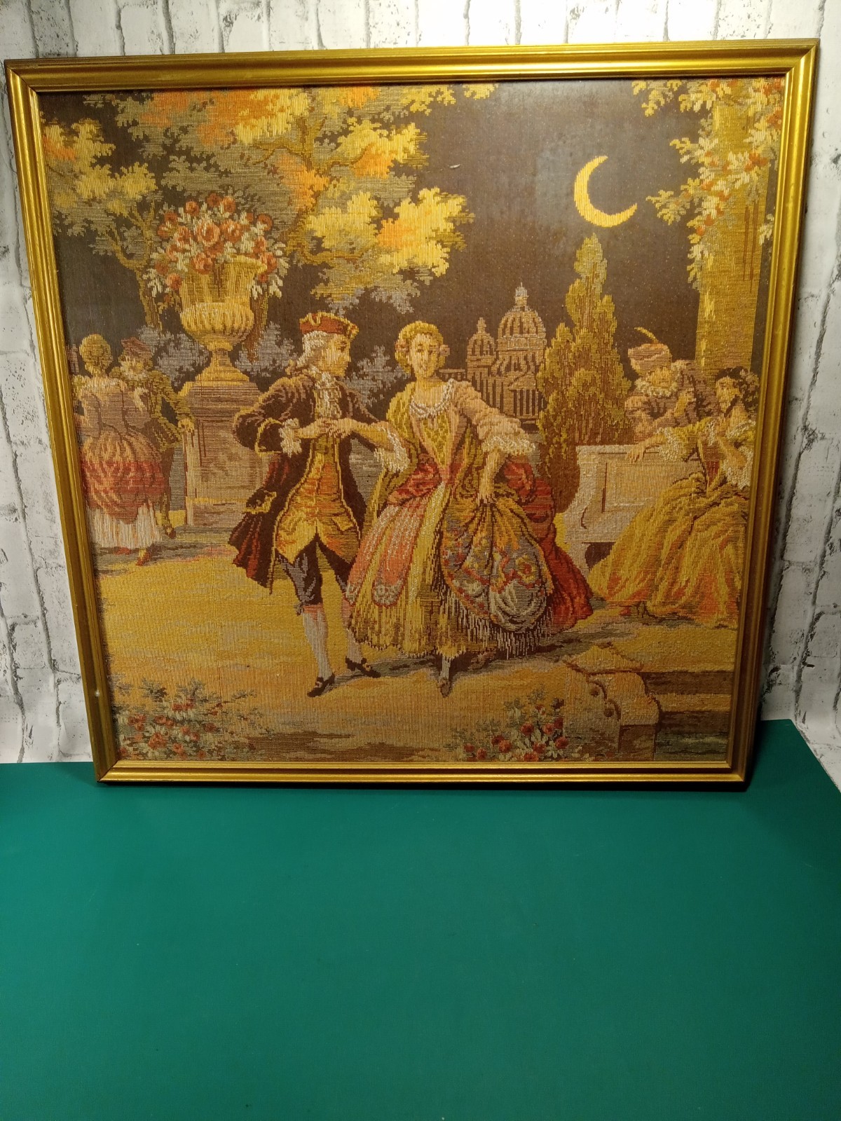 Antique Belgian Tapestry Dancing in Moonlight Scene 20 x 20 gilded frame 