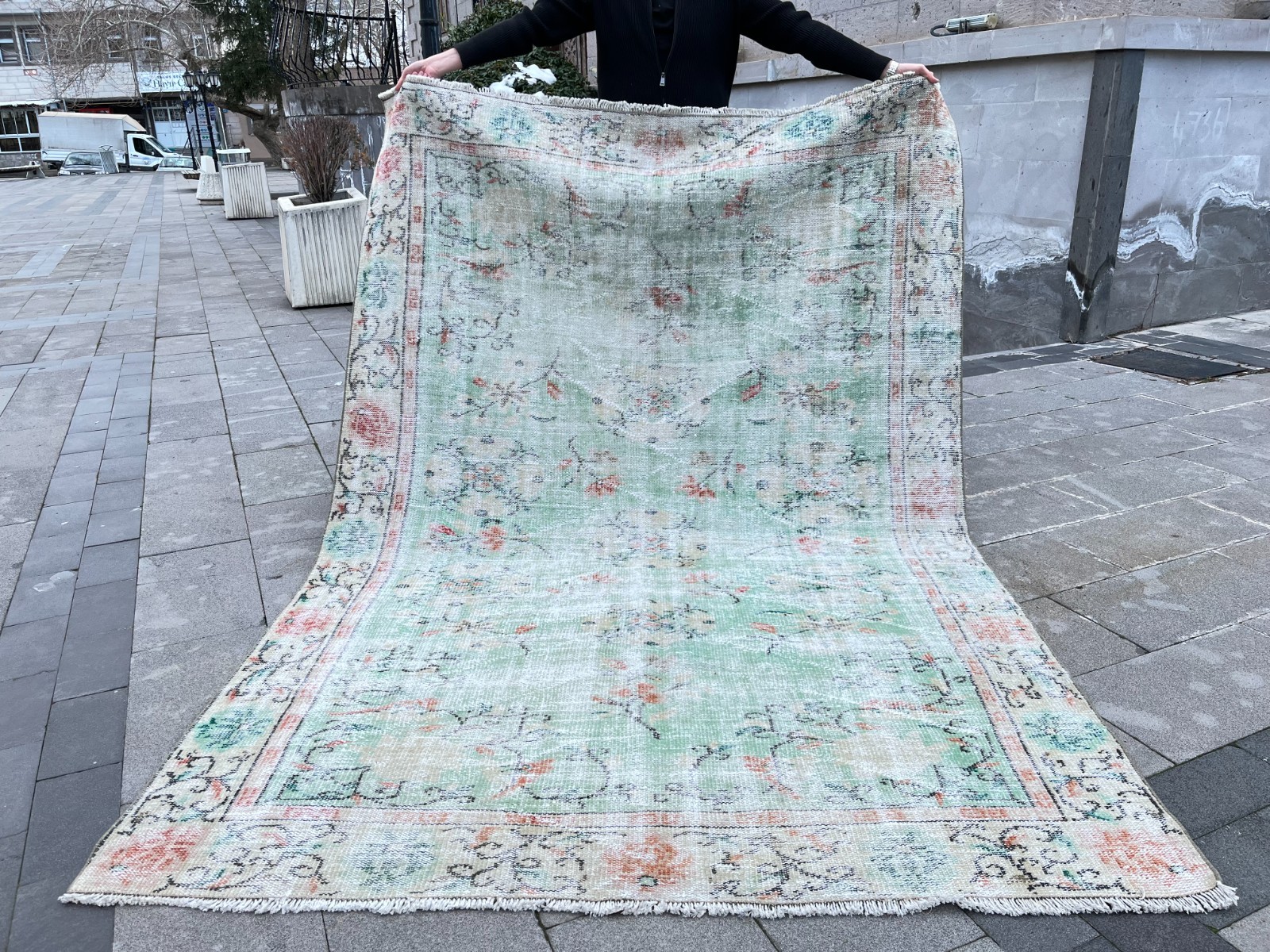 6x9 Vintage Turkish Oushak Rug Sage Green Distressed Wool Area Rug