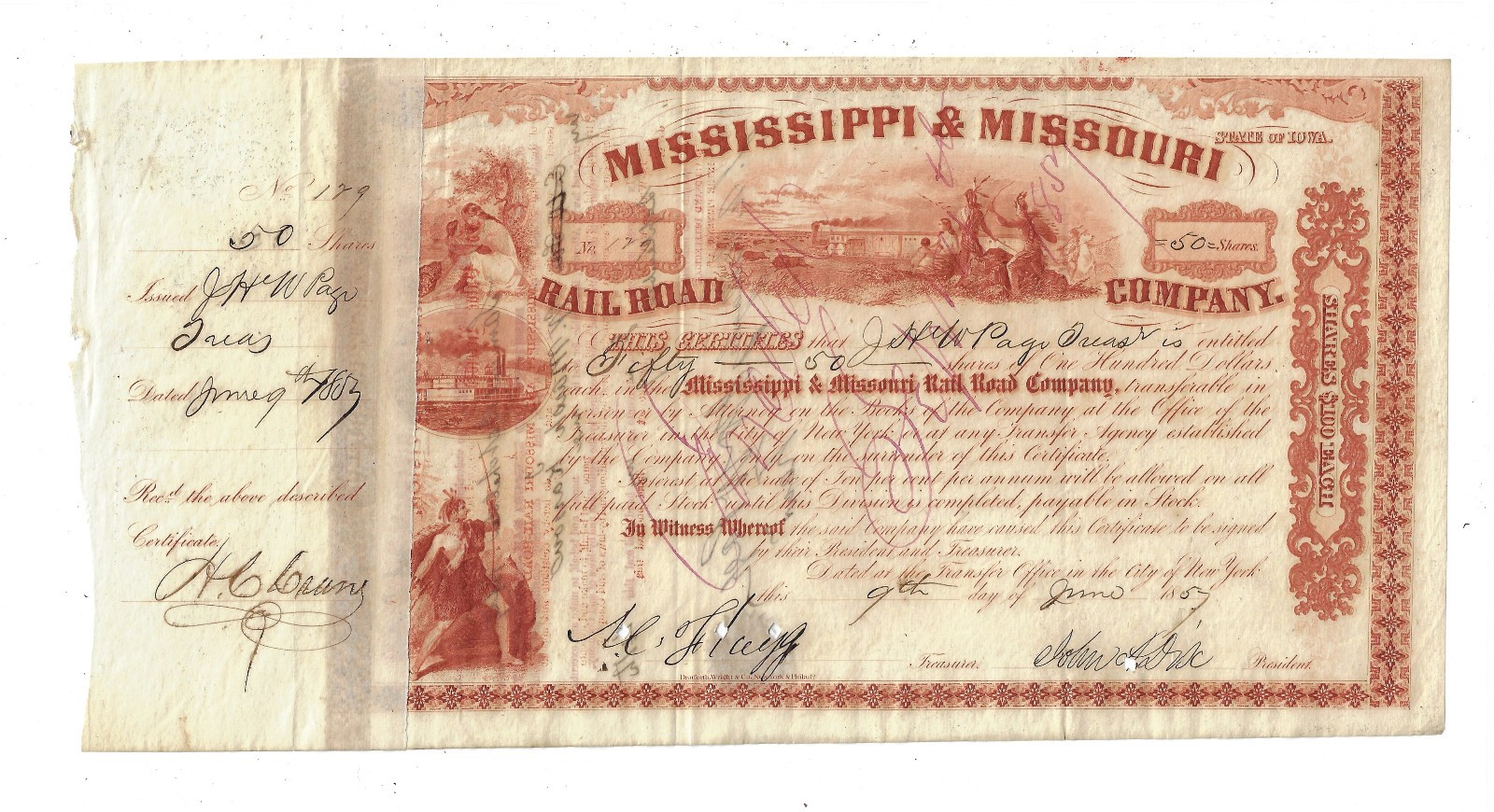 IOWA 1857 Mississippi & Missouri Rail Road Bond Stock Certificate General JA Dix