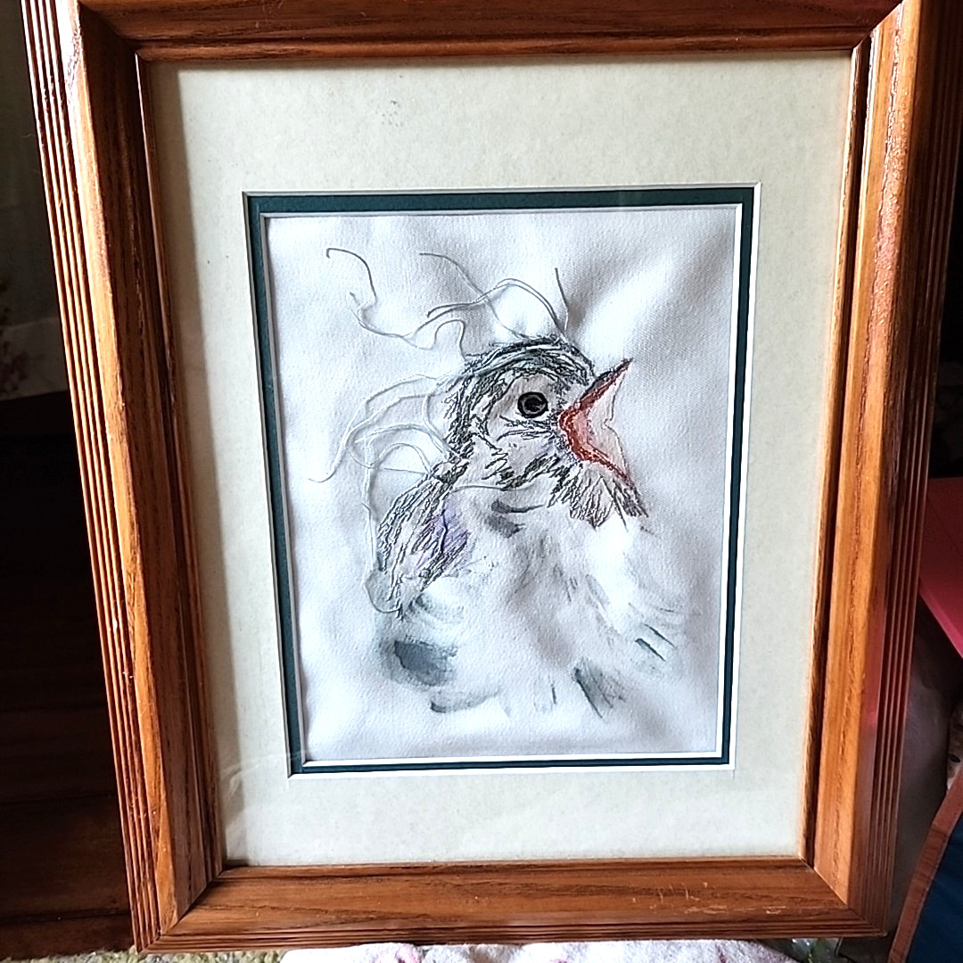 Textile Embroidered Bird Fabric Art Framed 17 x 14 Stitched Unique OOAK