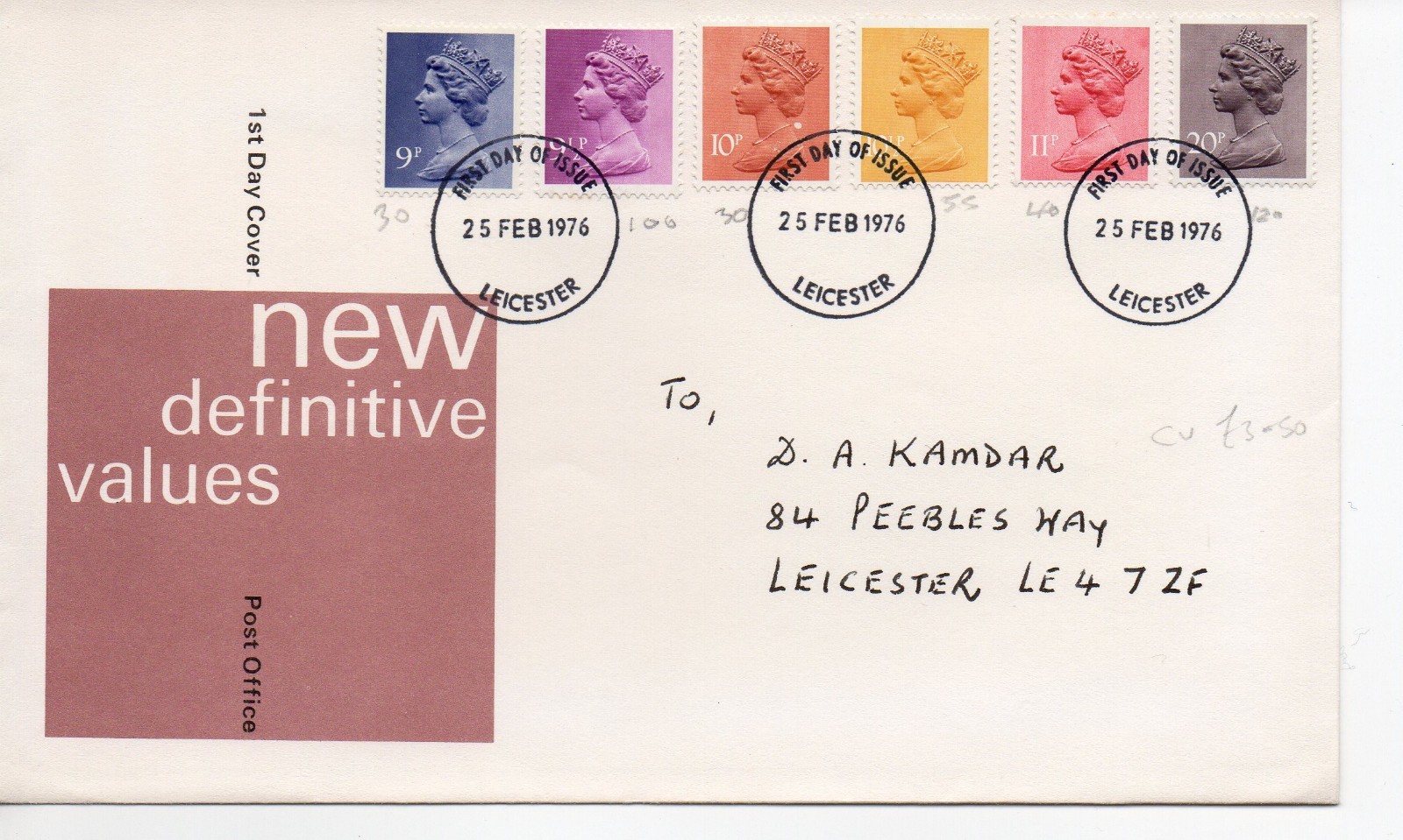 GB - First Day Cover (C 1 ) 1976 Machin - 6 values to 20p - pmk. Leicester