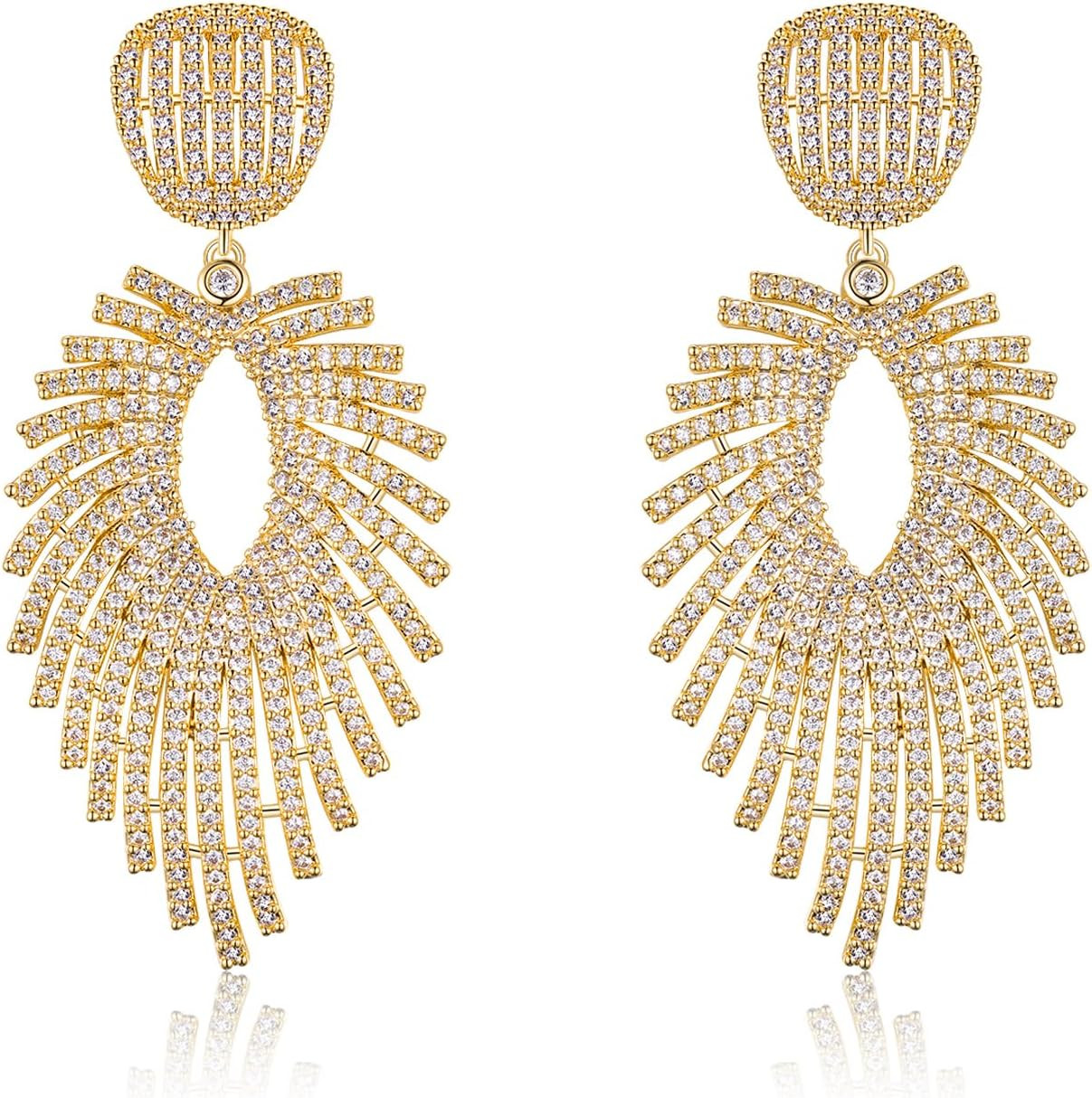 S925 Sterling Silver Posts Leaf Dangle Cubic Zirconia Earrings for Women Large C