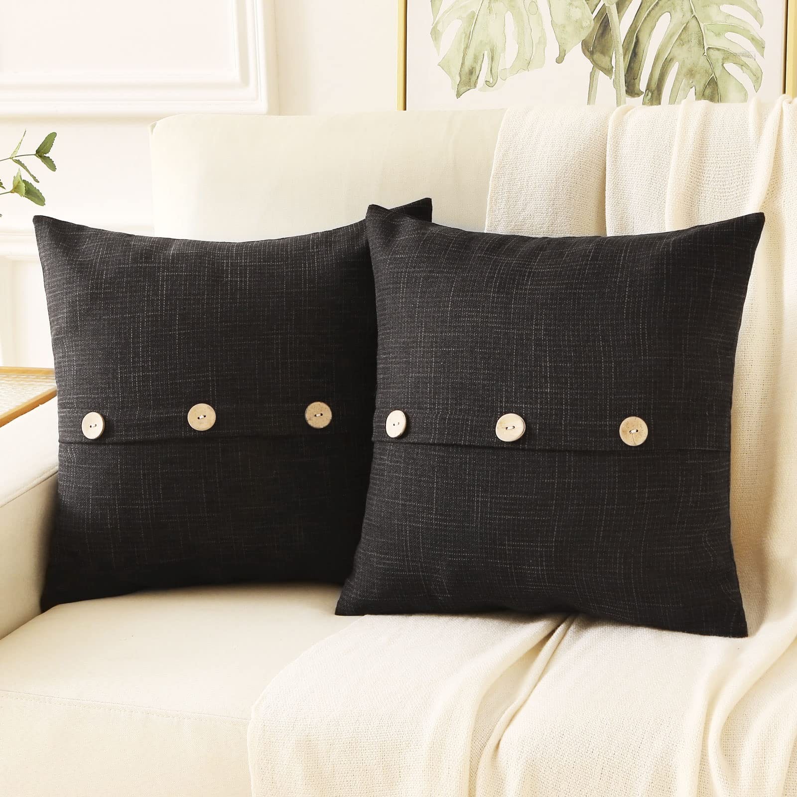 Black Linen Decorative Throw Pillow Covers 24x24 Inch Set of 2, Square Euro C...