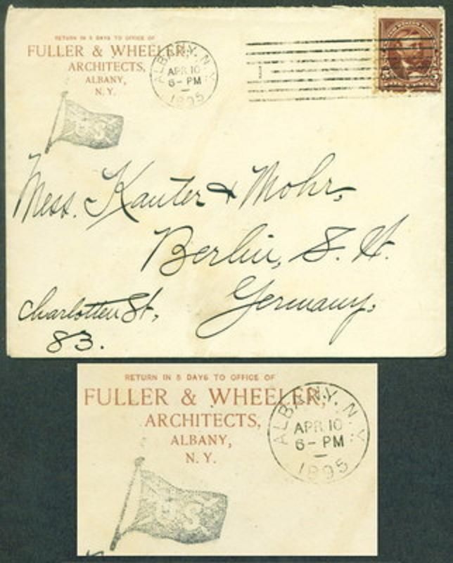 ARCHITECT Cover FULLER & WHEELER 1895 NY to GERMANY US FLAG HANDSTAMP