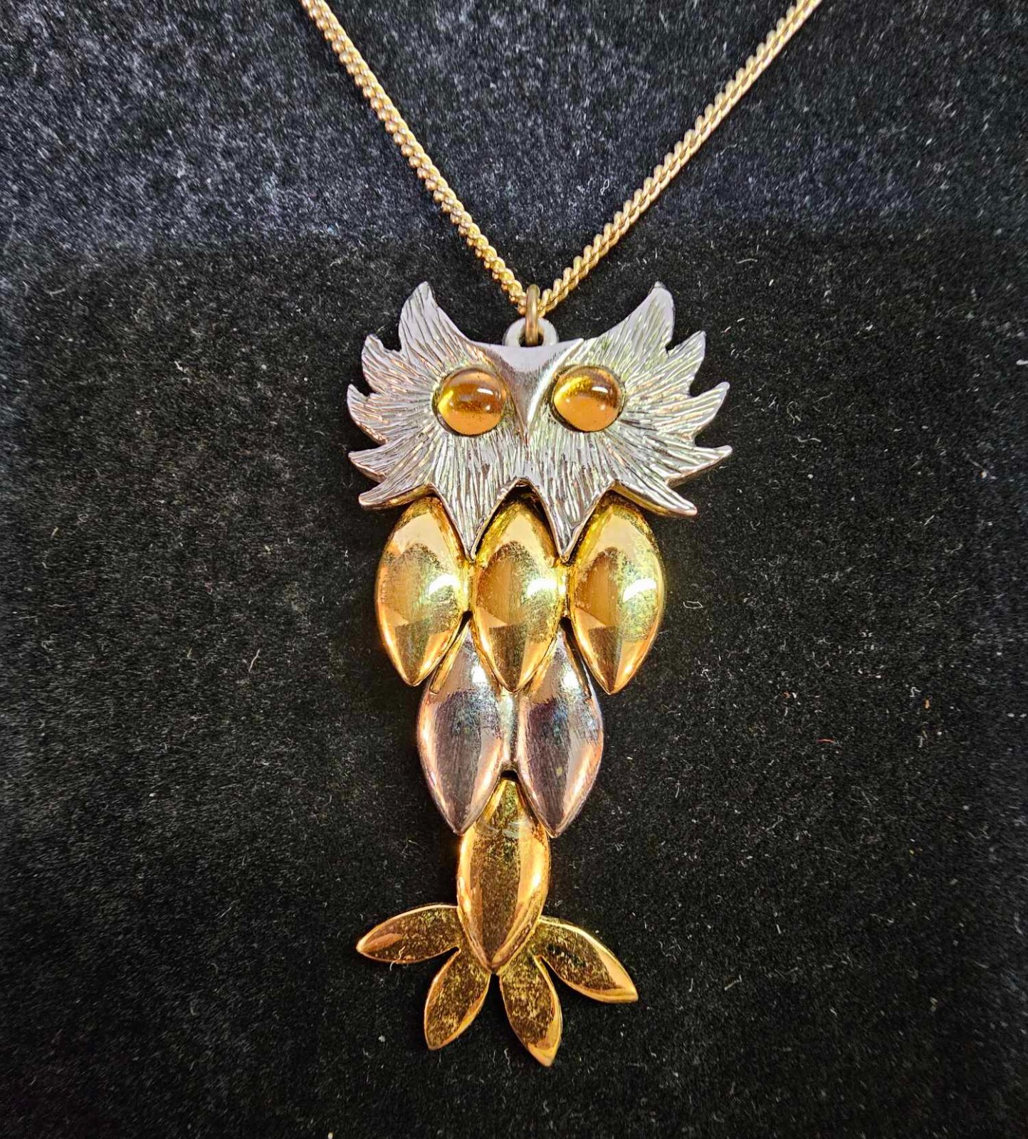 Vtg 2-tone silver gold Articulated Owl Pendant w Chain Necklace brown eyes 17.5"