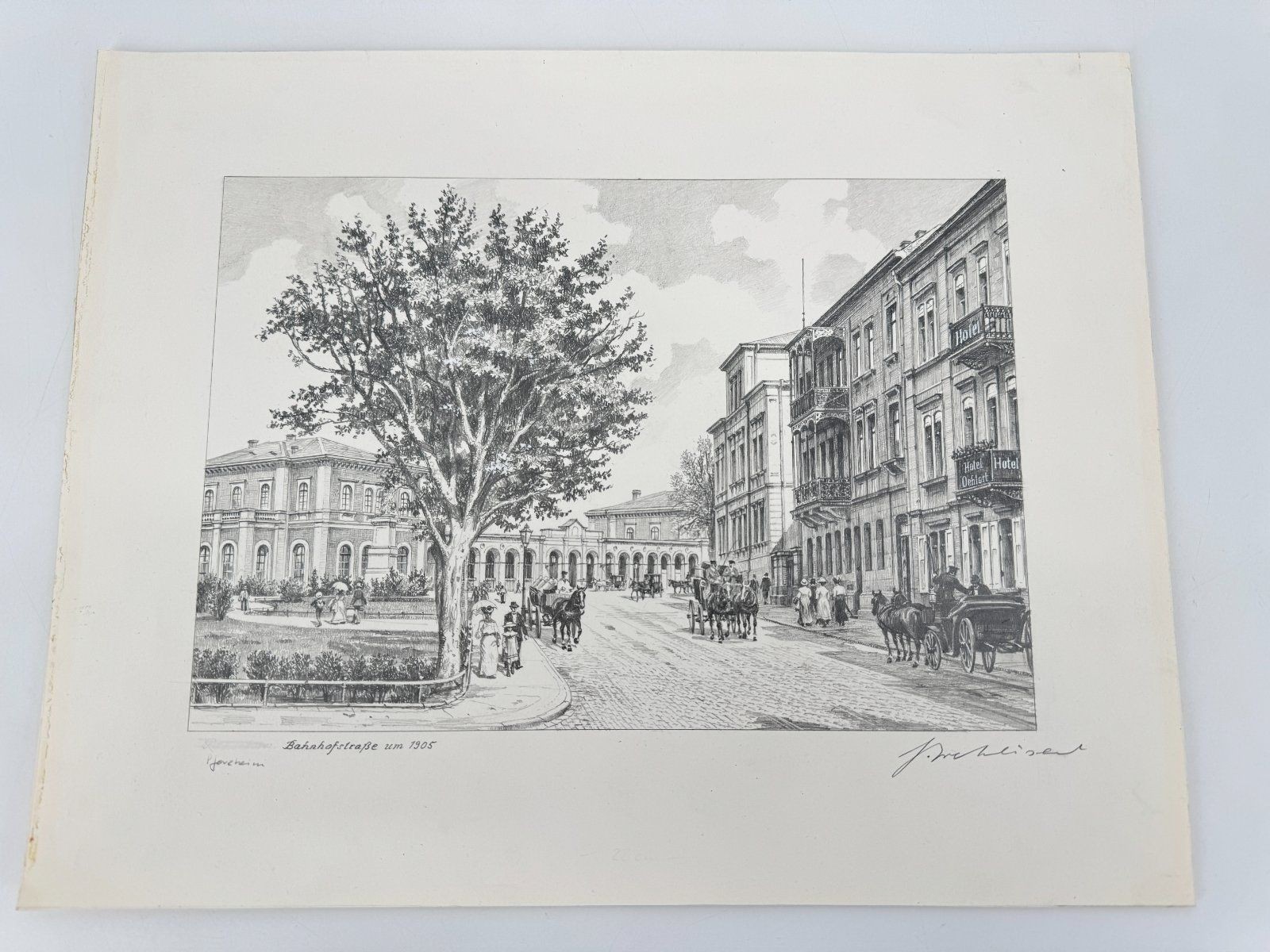 * HEINZ WEHLISCH DRAWING PFORZHEIM RAILWAY STATION STREET 1905 VIEW SIGNED