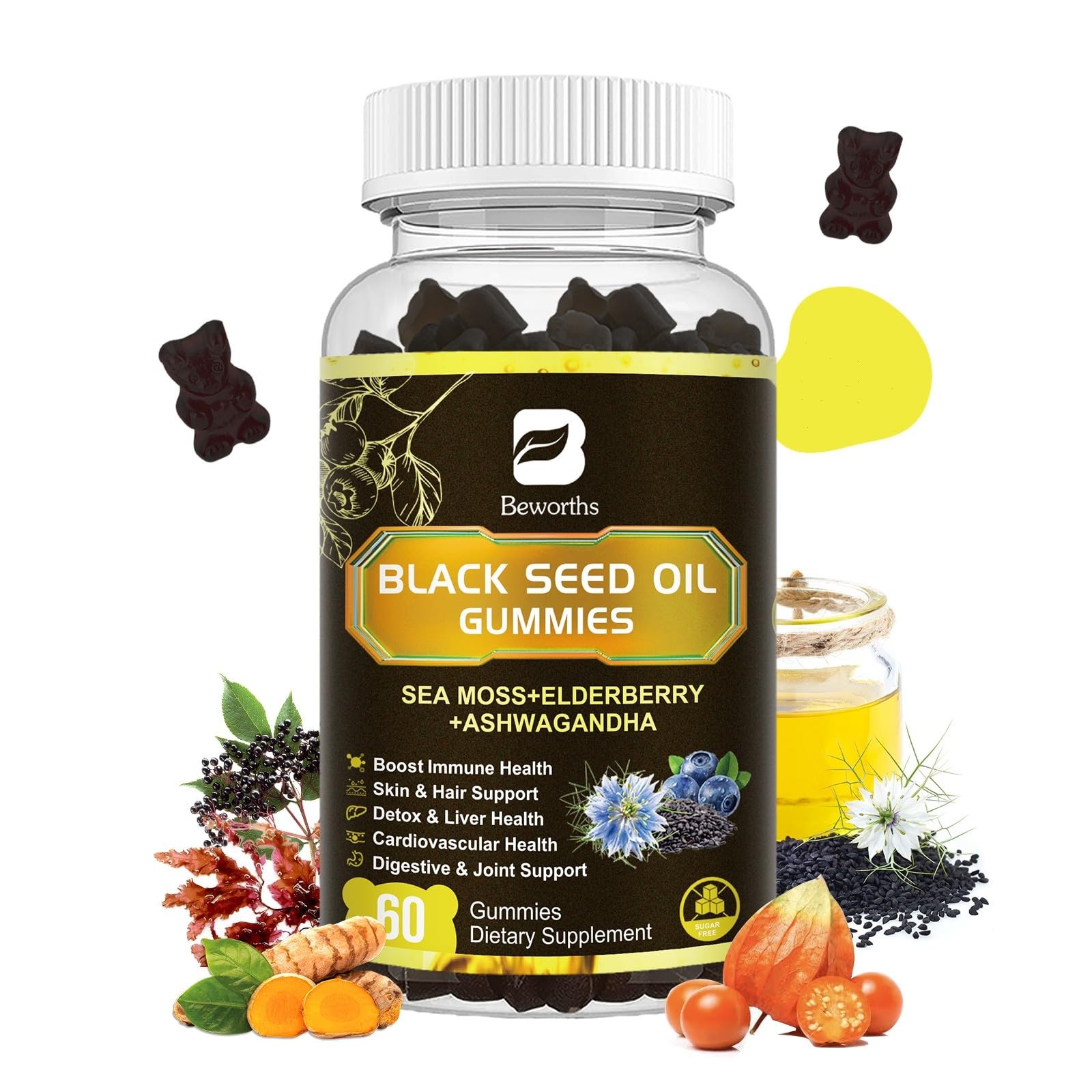 Black Seed Oil Gummies | Black Cumin Nigella Sativa Seed Oil with Ashwagandha...