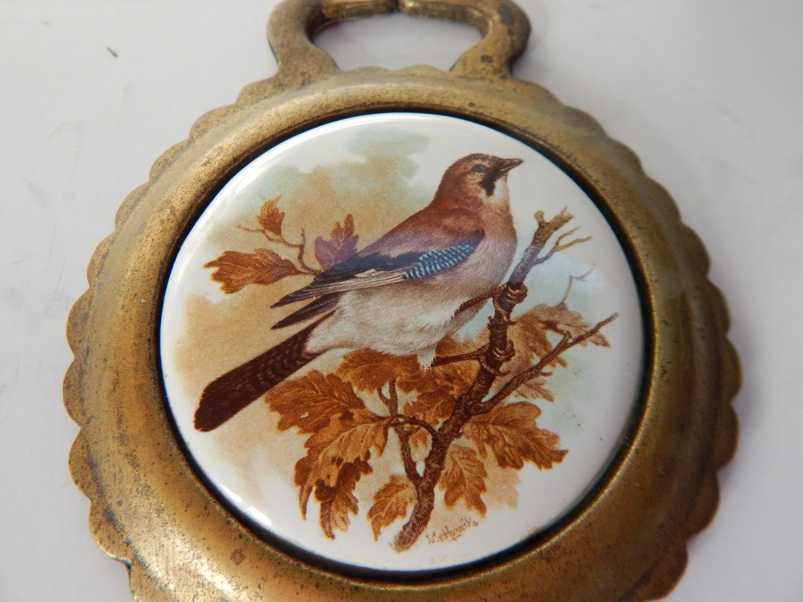 HORSE Brass Horse Medallion Antique English Hunting Scene With ceramic Center