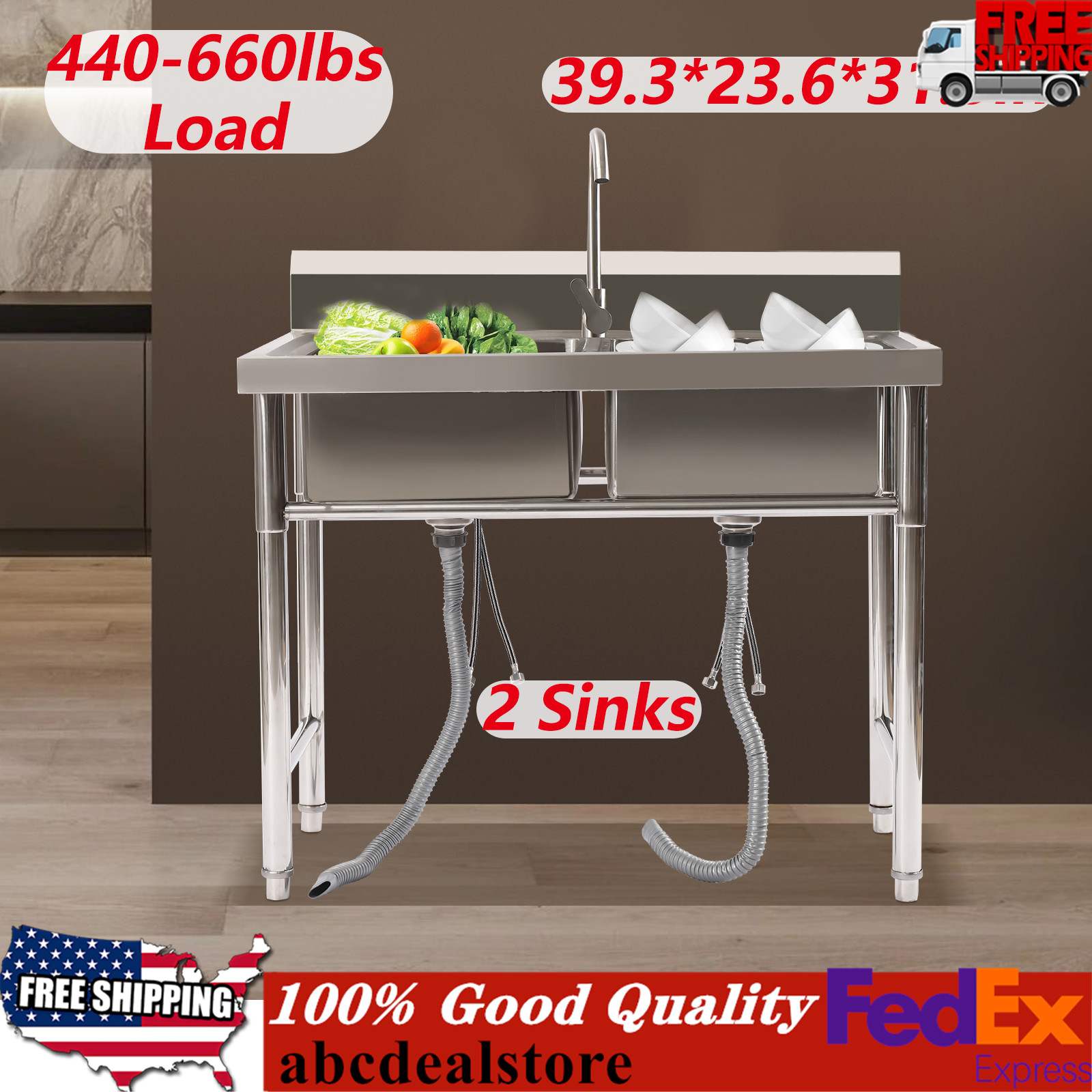 Freestanding 2 Bowls Kitchen Sink Stainless Steel Fruit Dishwasher Sink w/Faucet