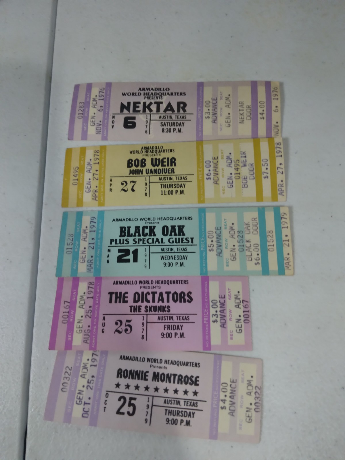 5 UNUSED ARMADILLO WORLD HEADQUARTERS CONCERT TICKETS 1976-1979