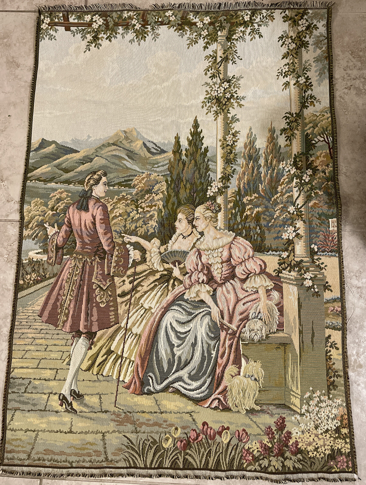 Antique Large French Tapestry Victorian Garden Scene 39x27”