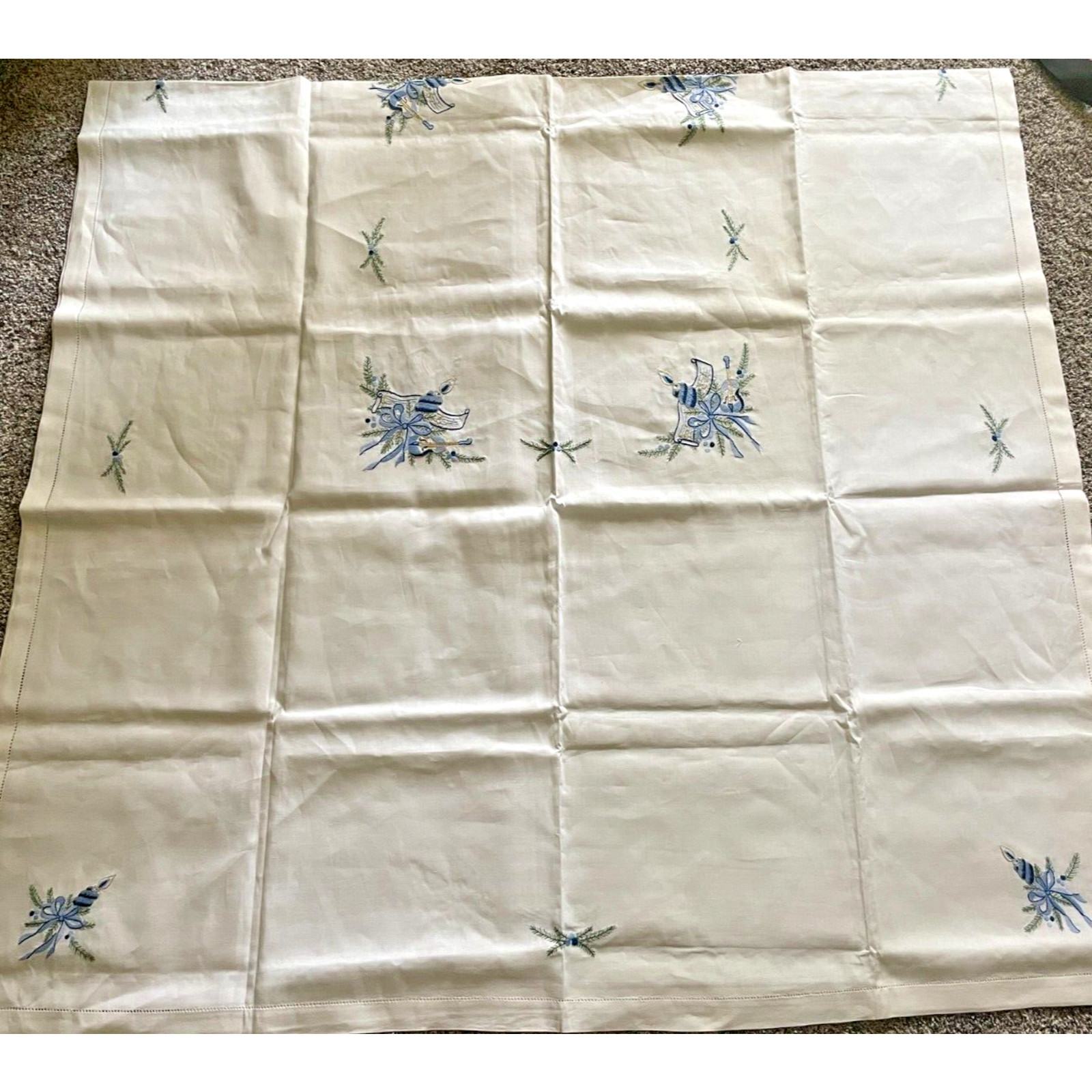 Hand Embroidered Tablecloth & 12 Napkins Vintage 100" x 55" Blue Candle Fir NEW