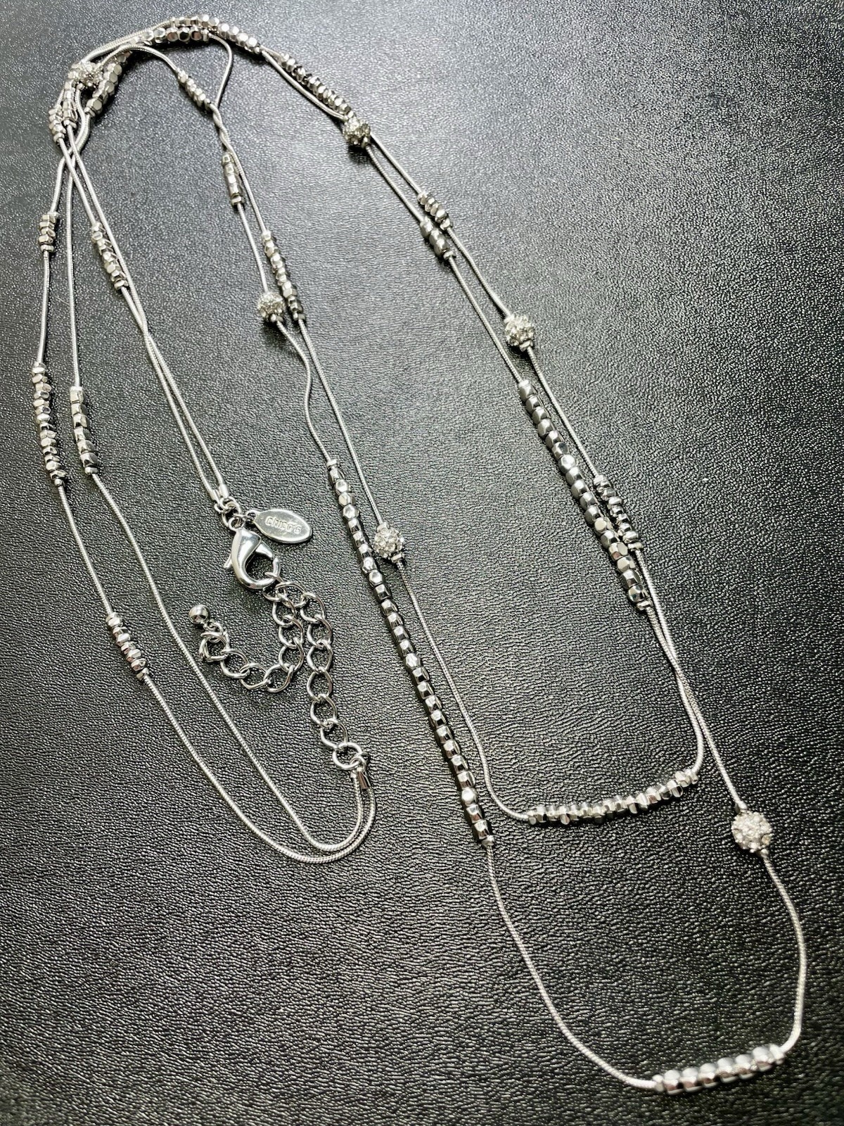 Vintage Signed CHICOS 40” Crystal Rhinestone Silver Tone Layered Beaded Necklace