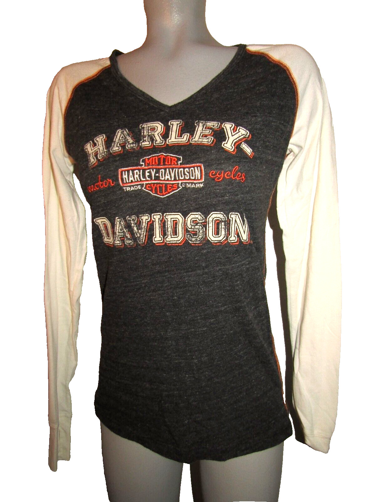 HARLEY-DAVIDSON Women's Black & Ivory Top, Size Medium, Orange & Ivory Graphics