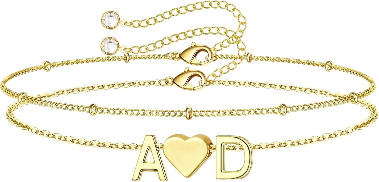 Easter Gifts for Teen Girls Kids - 2 Initial Heart Bracelets, Dainty Layered 14K
