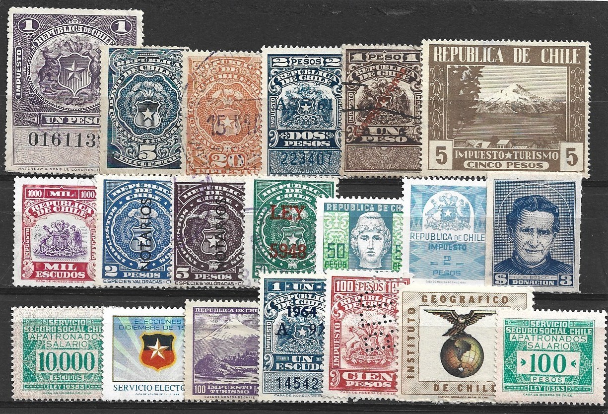 090/26 - CHILE, NICE ARRAY OF 20 CINDERELLAS AND REVENUE STAMPS (II)
