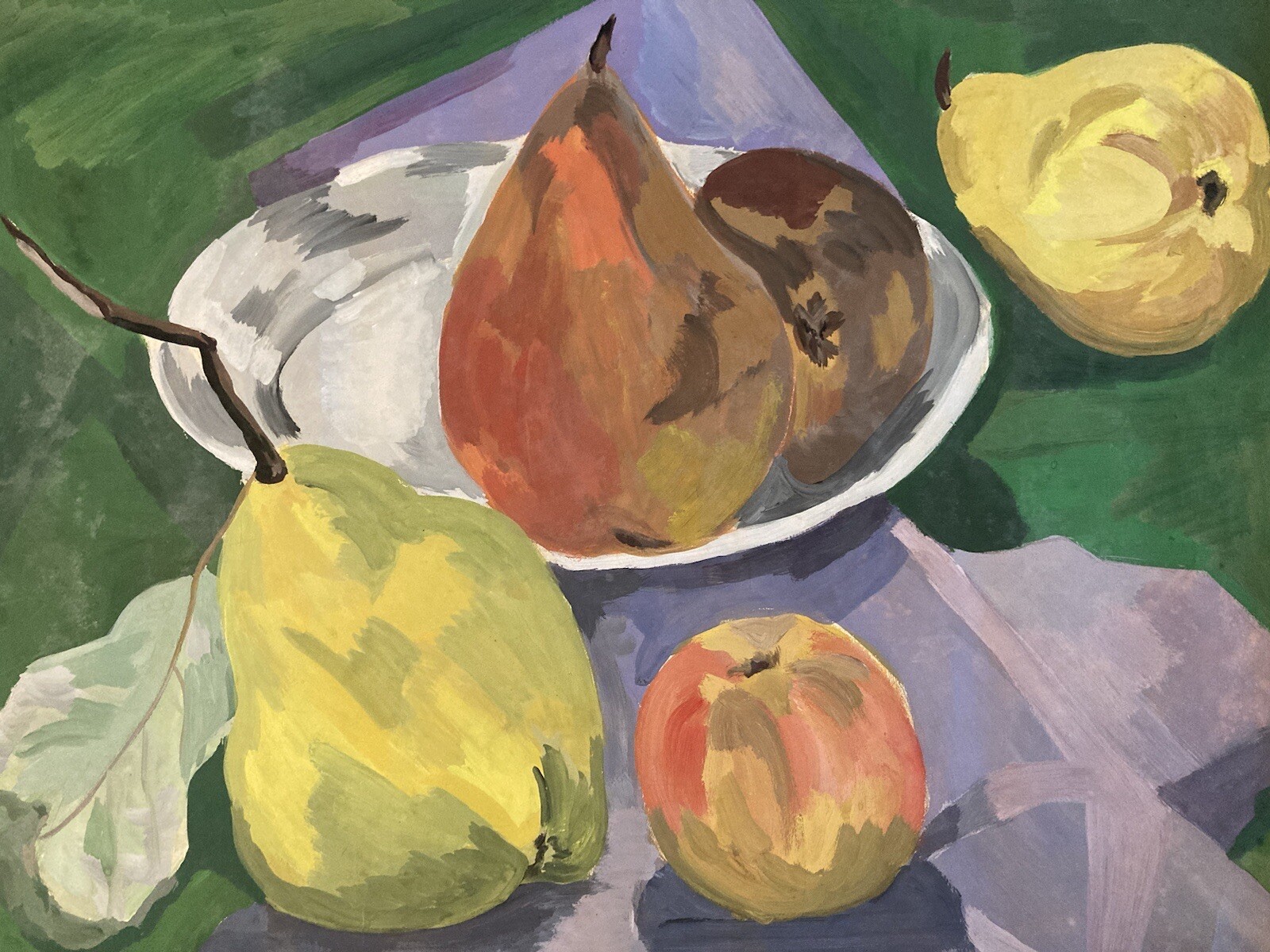 Dessin Abstrait Nature Morte Gouache Peinture Poire Et Pomme Fruit 1960 Papier