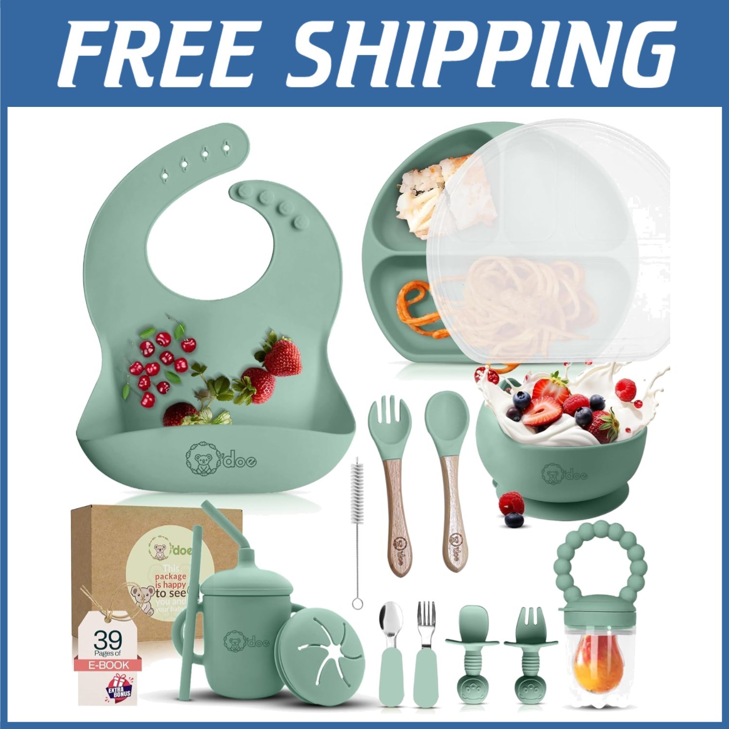 Complete Baby Feeding Set with Suction Plates - Green