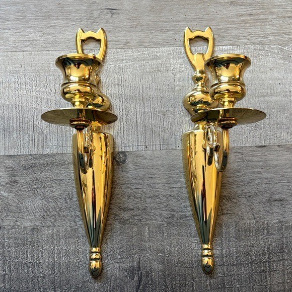 VTG Pair Lacquered EB BrassWall Sconce Candlesticks 10.25"