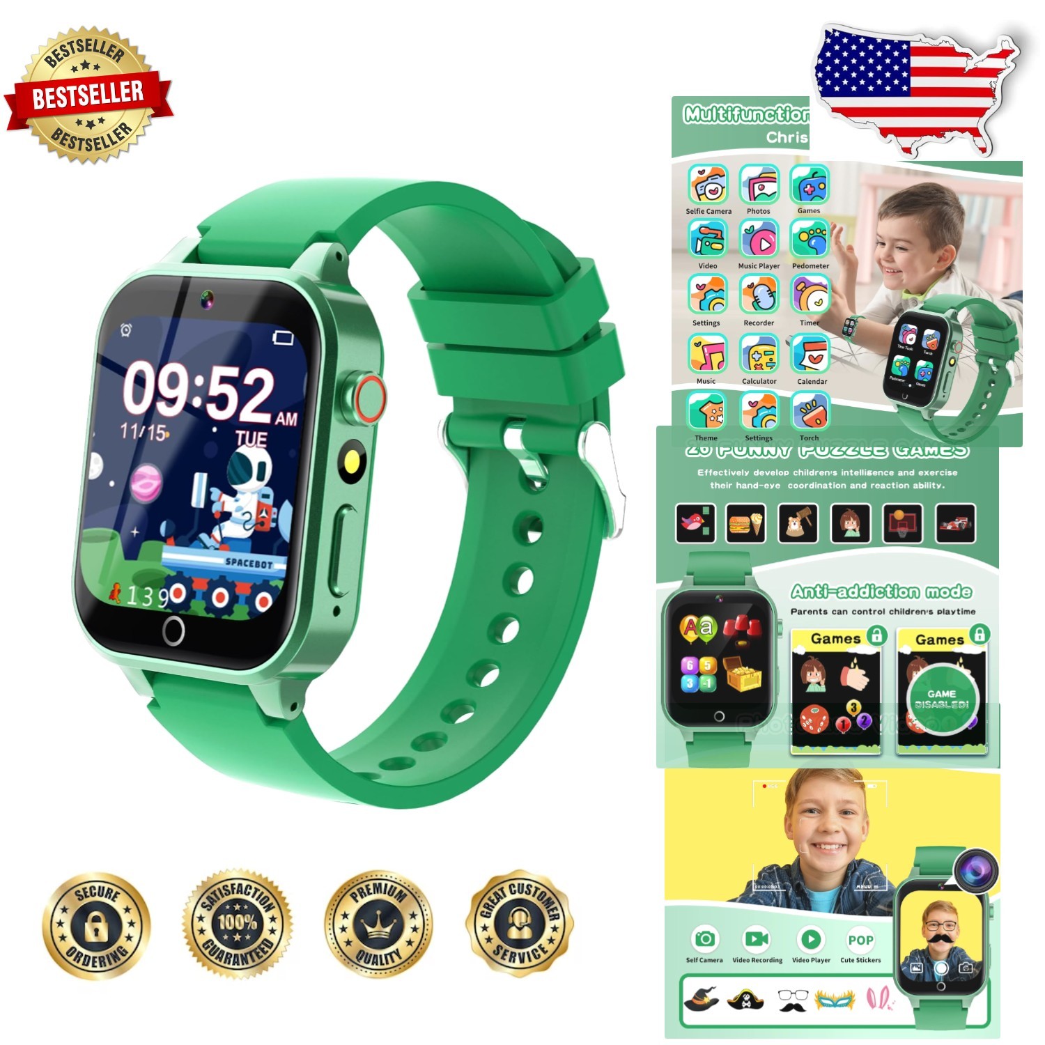Girls Smartwatch Green Educational Games HD Camera MP3 Player 500mAh Battery