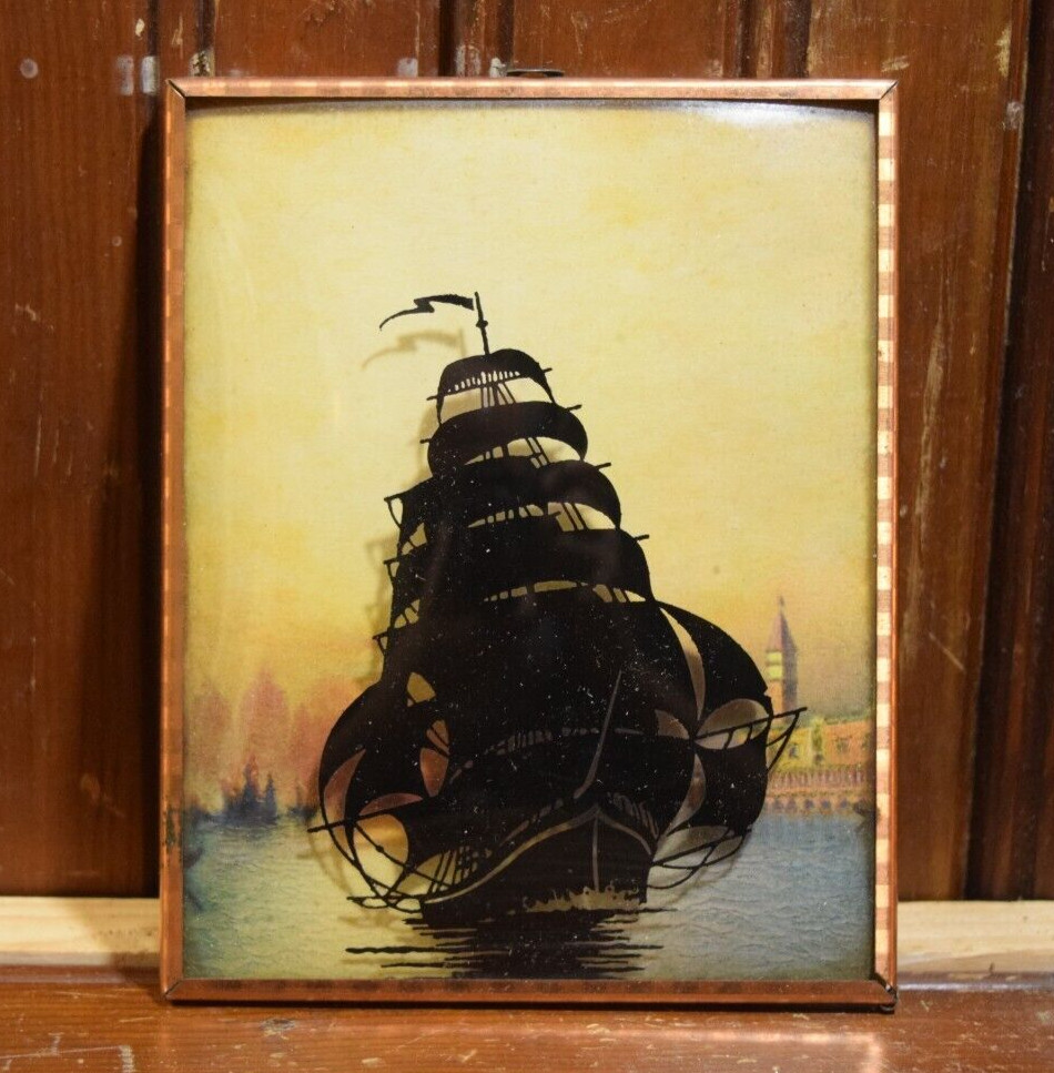 1910s CIRCA REVERSE PAINTED CONVEX BUBBLE GLASS PAINTING TALL SHIP LEAVING PORT
