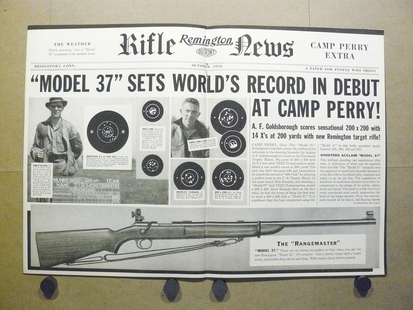 1936 Remington News Model 37 Print Ad Camp Perry World Record A.F. Goldsborough