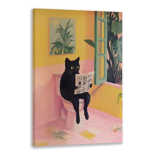 HLXRAE Framed Funny Pink Bathroom Wall Art, Black Cat 16"L x 12"W PinkCat