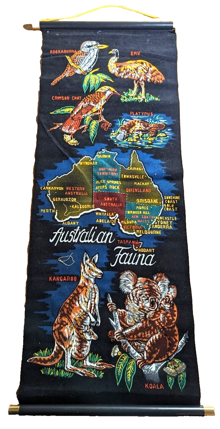 Vintage Black Velvet Australia Fauna Koala Kangaroo Wall Hanging Scroll Artwork